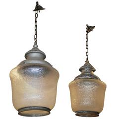 Pair of Mid-20th Century Hanging Lanterns, Frosted Textured Glass and Metal