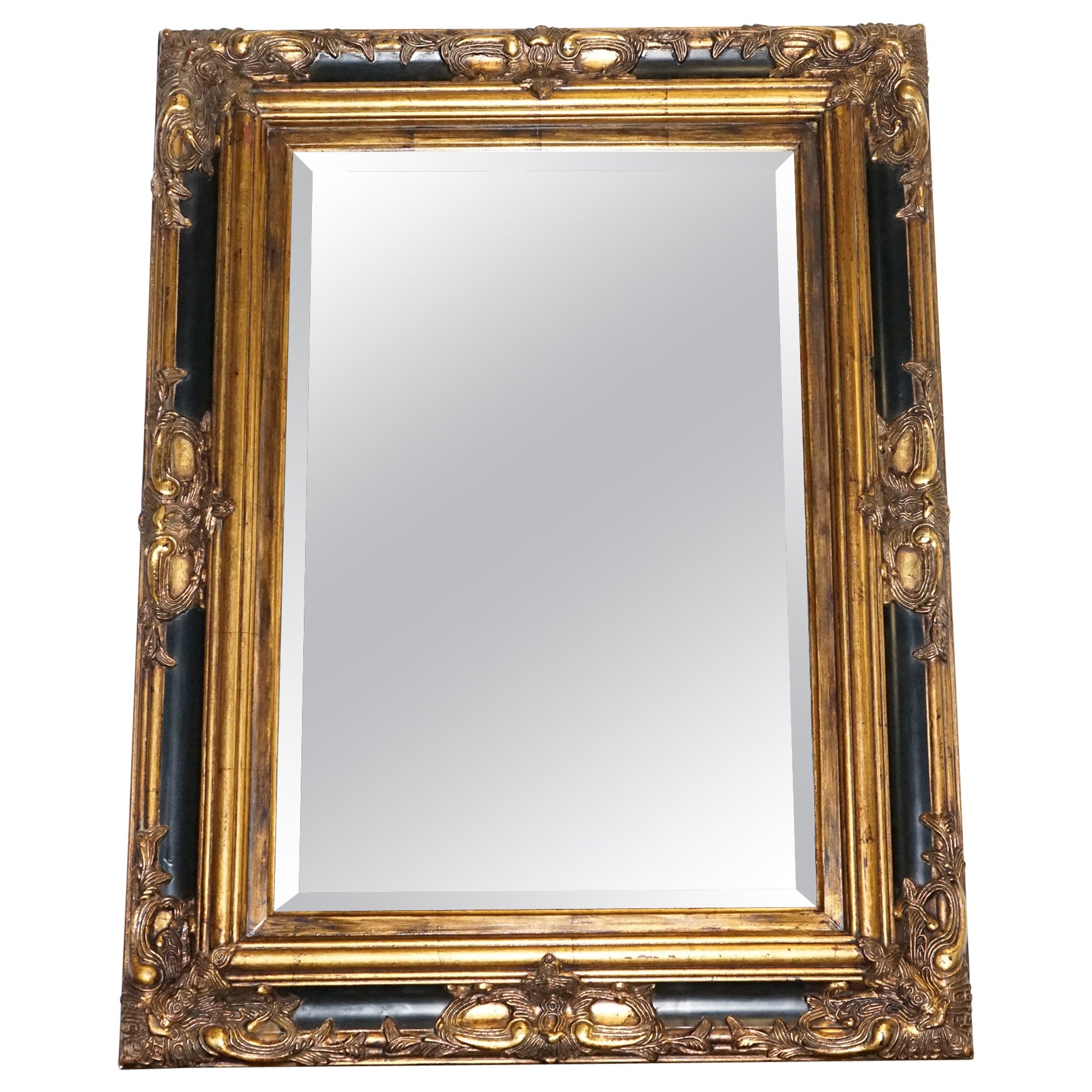 STUNNING VICTORiAN BLACK & GOLD CARVED FRAME BEVELLED MIRROR