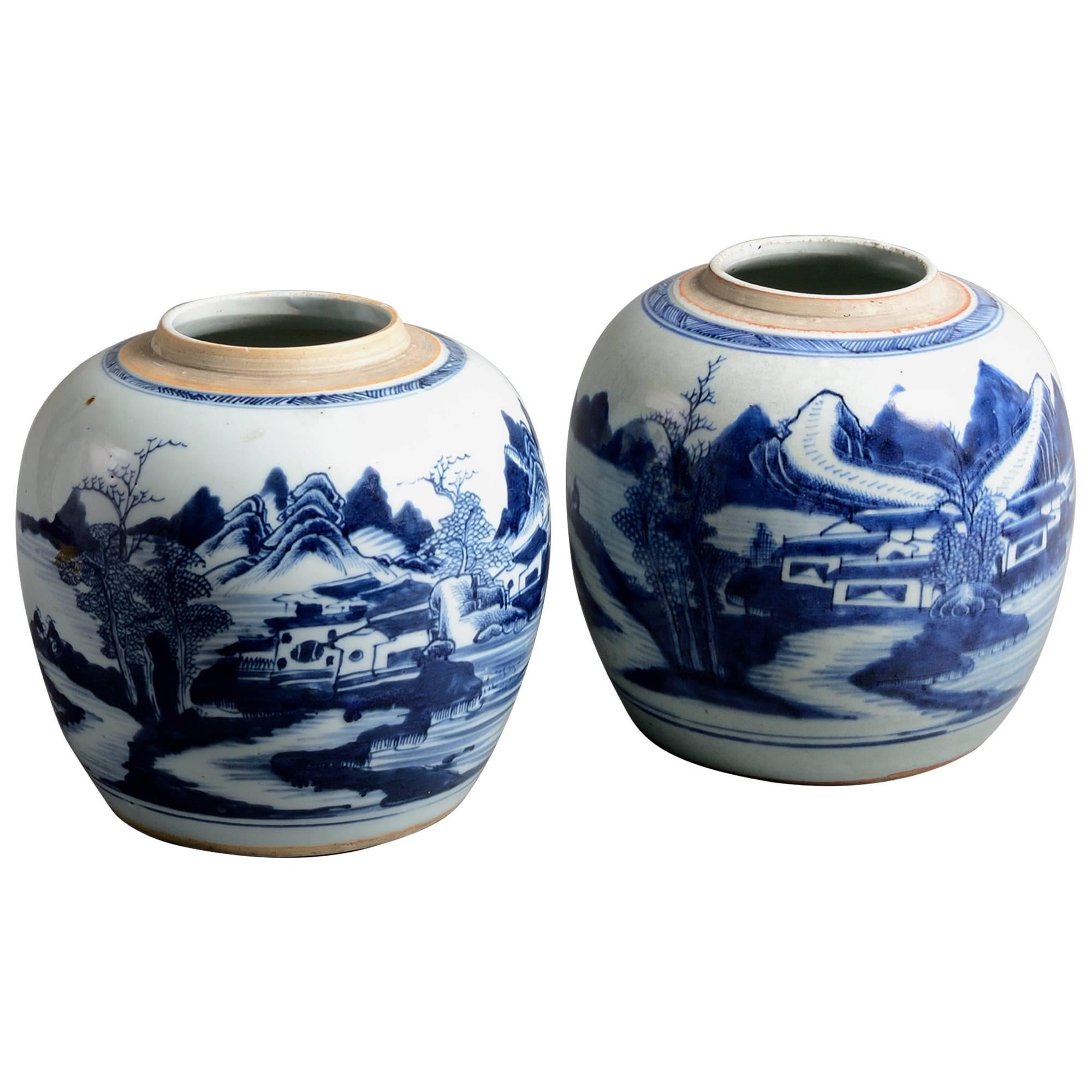 Pair of Late 18th Century Blue and White Porcelain Jars