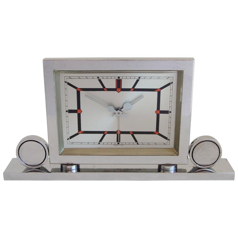 Italian Art Deco Chrome Mechanical Alarm Clock with Red and Black