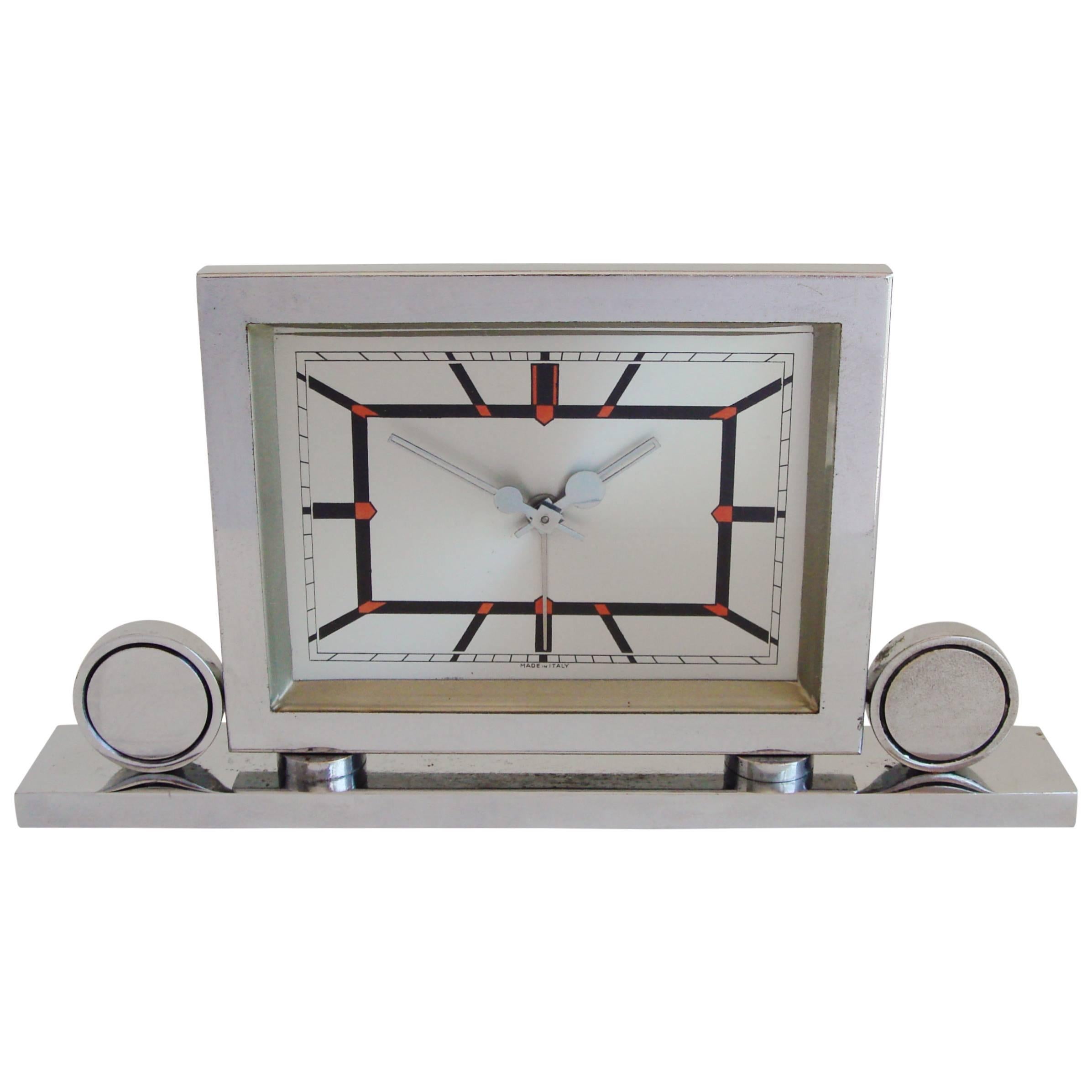 Italian Art Deco Chrome Mechanical Alarm Clock with Red & Black Geometric Detail