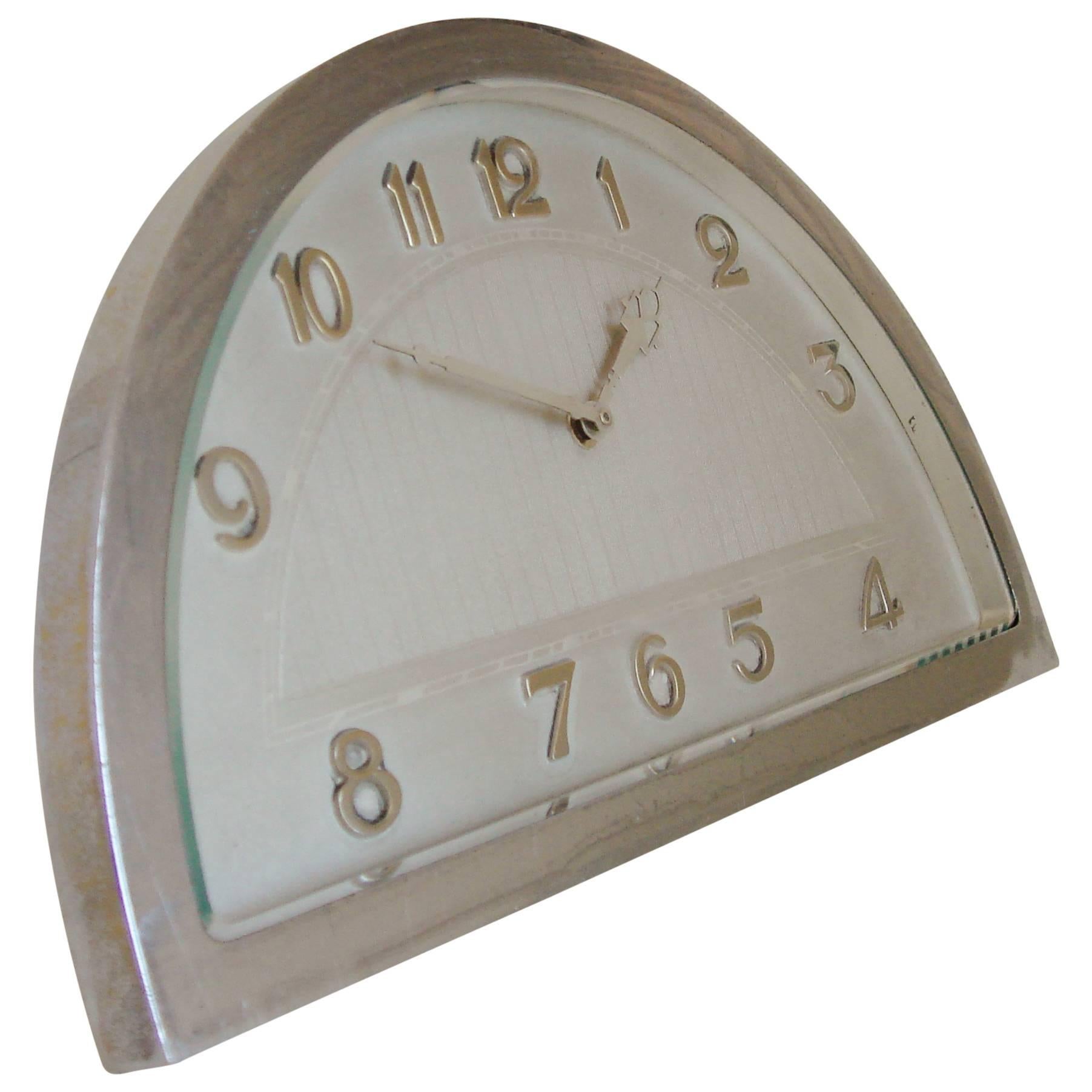 Elegant French Art Deco Chrome-Plated, 8-Day Mechanical, Demilune Table Clock
