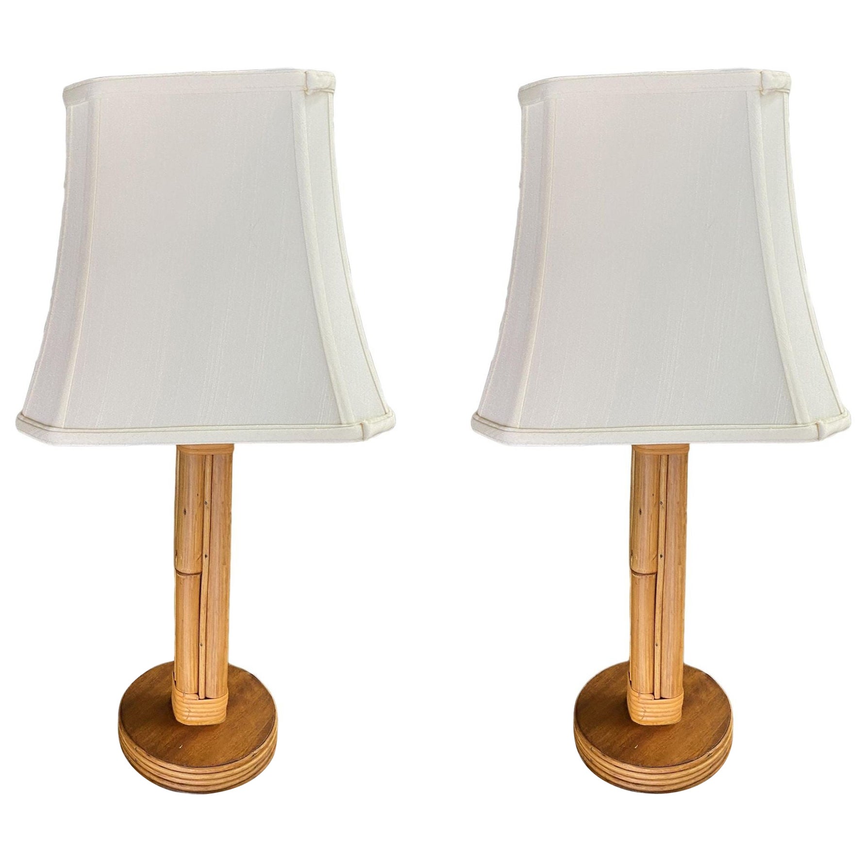 Restored Mid-Century Eight-Strand Stick Rattan Table Lamp, Pair