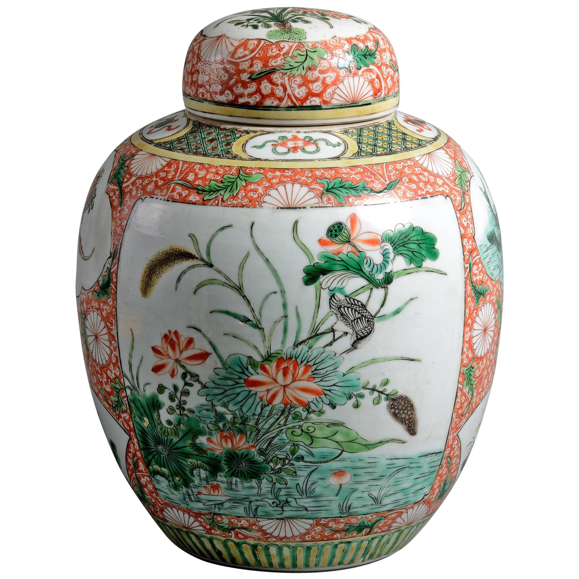 19th Century Famille Verte Jar and Cover For Sale