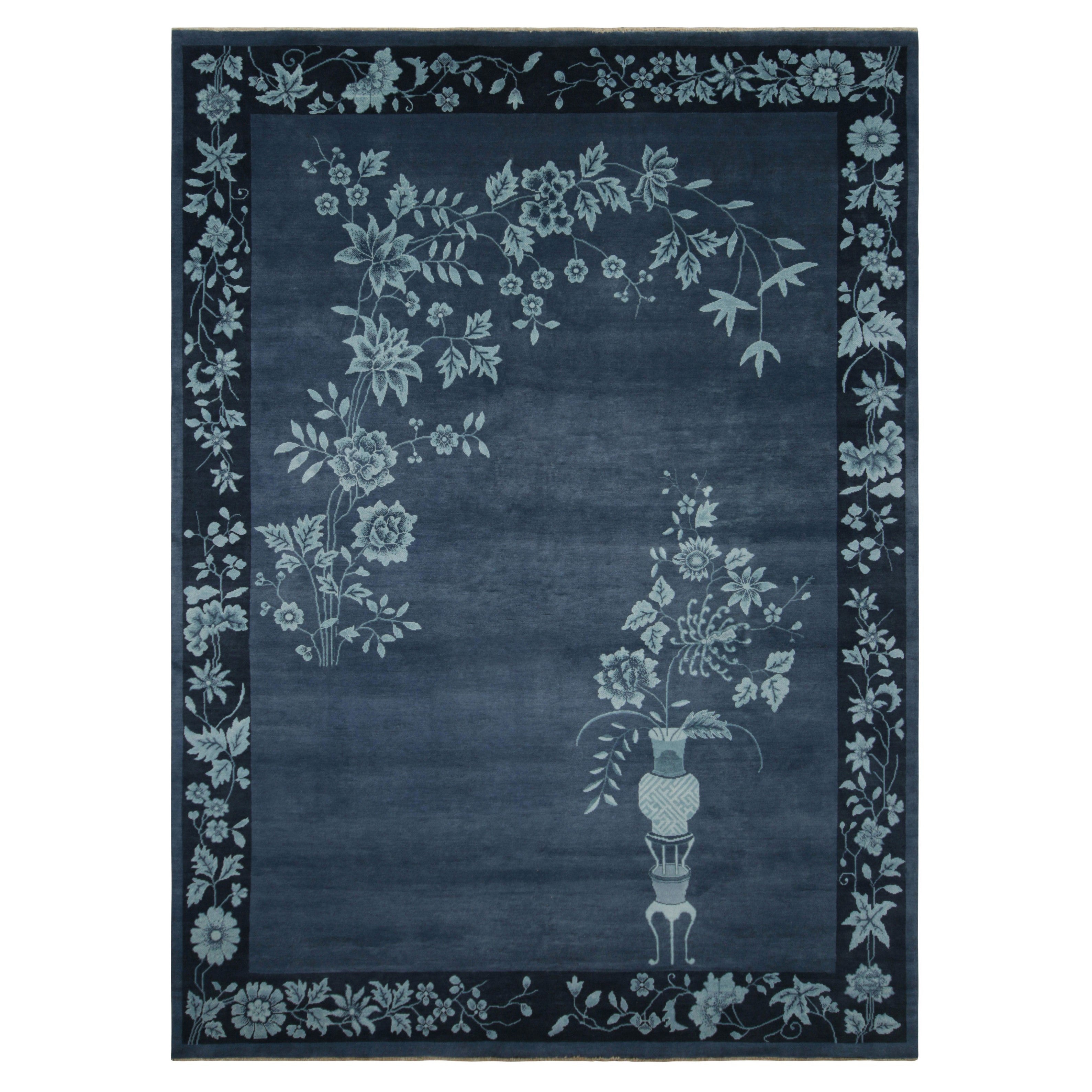 Rug & Kilim’s Chinese Art Deco Style Rug in Blue with Floral Patterns