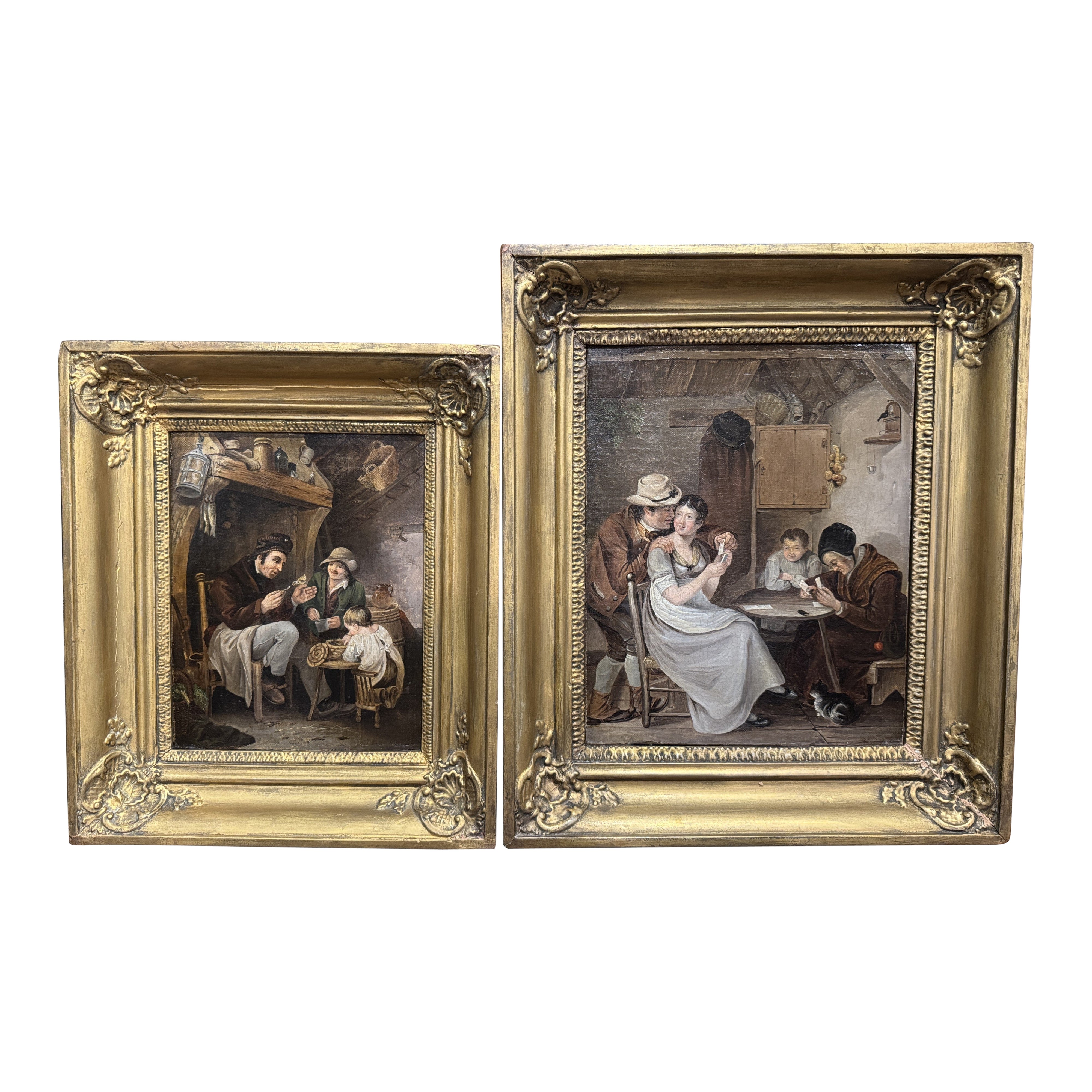 Huile sur toile française du 19ème siècle dans des cadres en bois doré, lot de deux