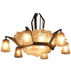 Signed Large Early 20th Century French Art Deco Chandelier by Muller Frères