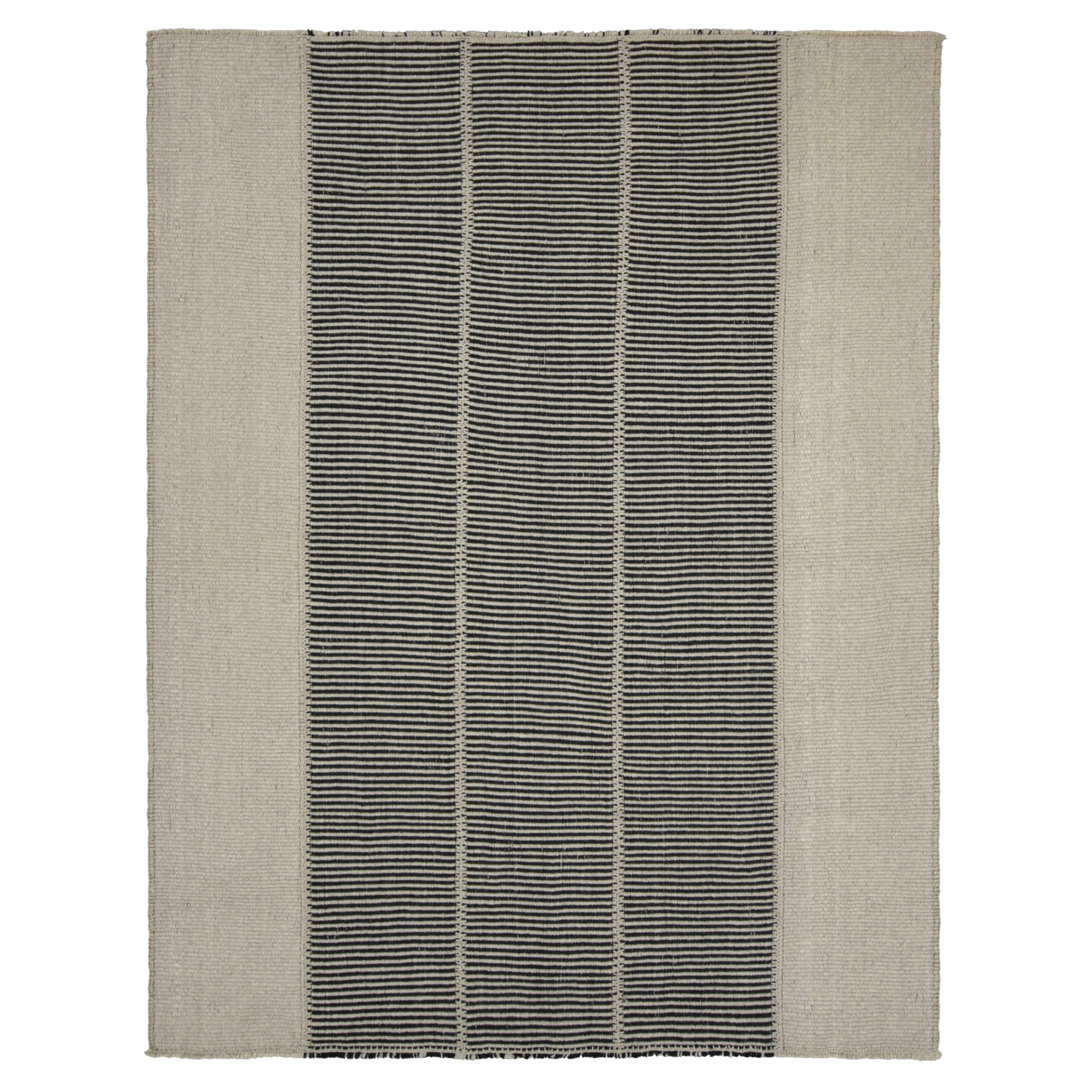Rug & Kilim’s Contemporary Kilim with Black and Cream White Textural Stripes
