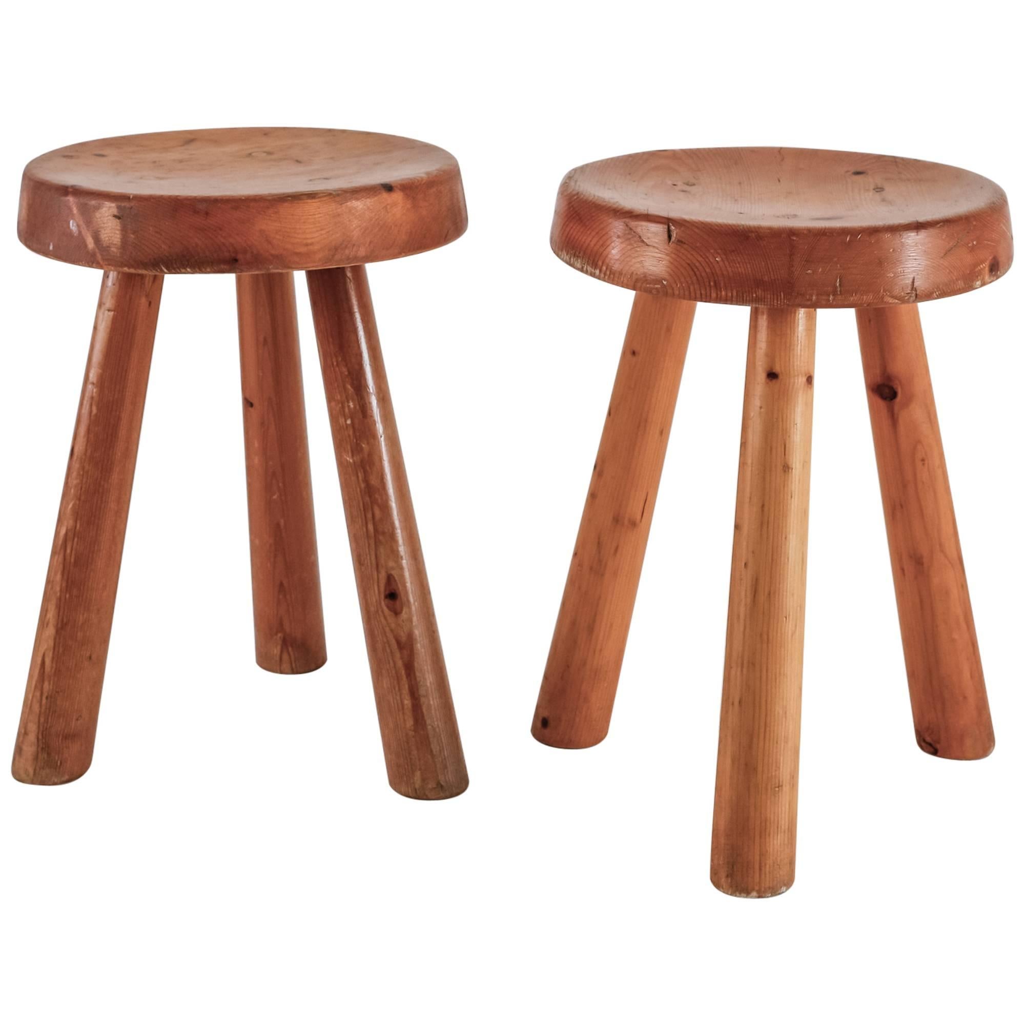 Charlotte Perriand Pair of Tripod Pine Stool from Les Arcs, France, 1960s For Sale