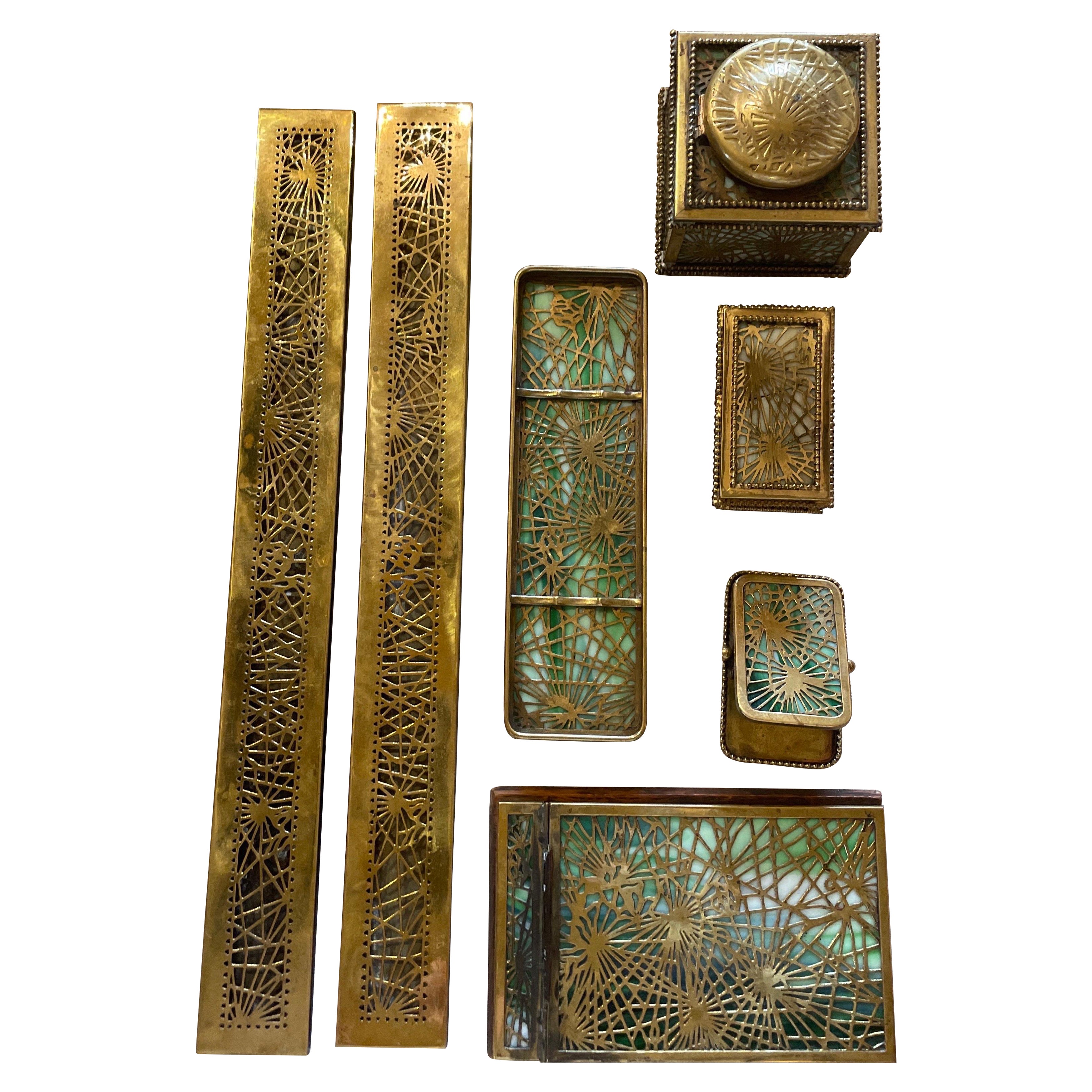 Tiffany Studios Pine Needle Bronze Doré and Slag Seven-Piece Desk Set