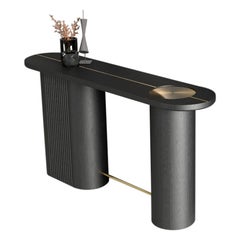 Table console moderne et organique en bois d'Oak Oak avec incrustation en laiton massif