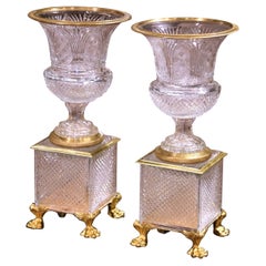 Pair of 19th Century French Cut Crystal and Gilt Bronze Urns on Pedestals
