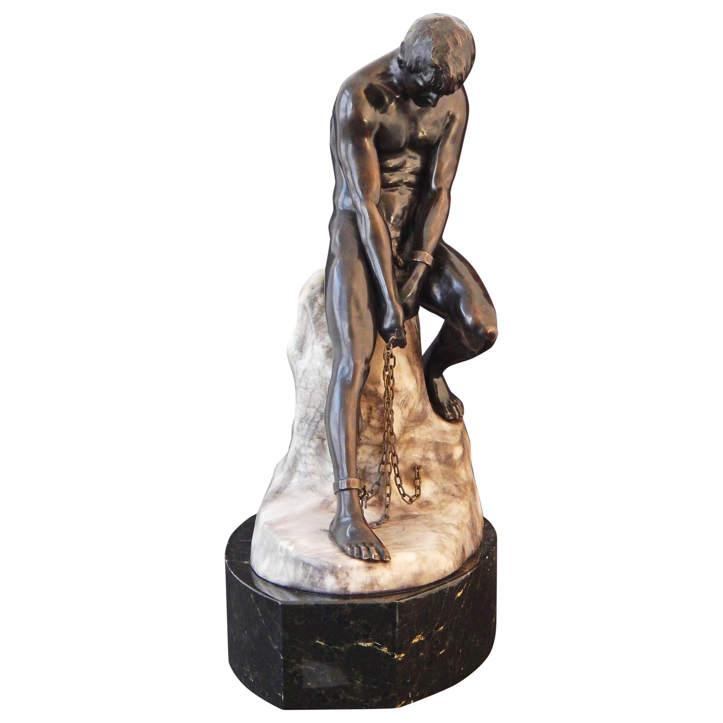 "Prometheus Bound, " Superb, Unique Male Nude Bronze by Schmotz-Metzner