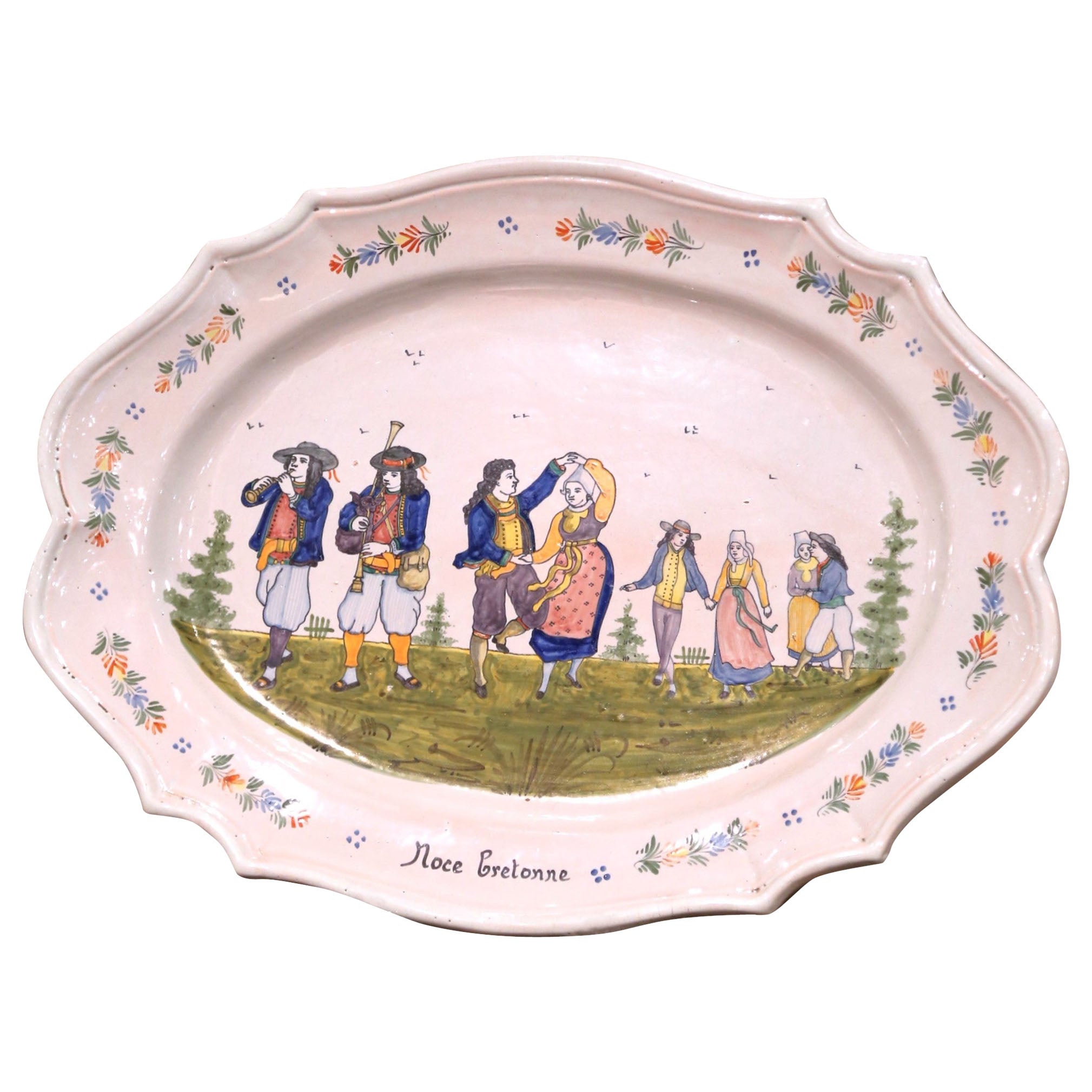 Early 20th Century French HB Quimper Faïence Oval Wall Platter, "Noce Bretonne"