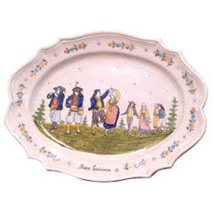 Antique Early 20th Century French HB Quimper Faïence Oval Wall Platter, "Noce Bretonne"