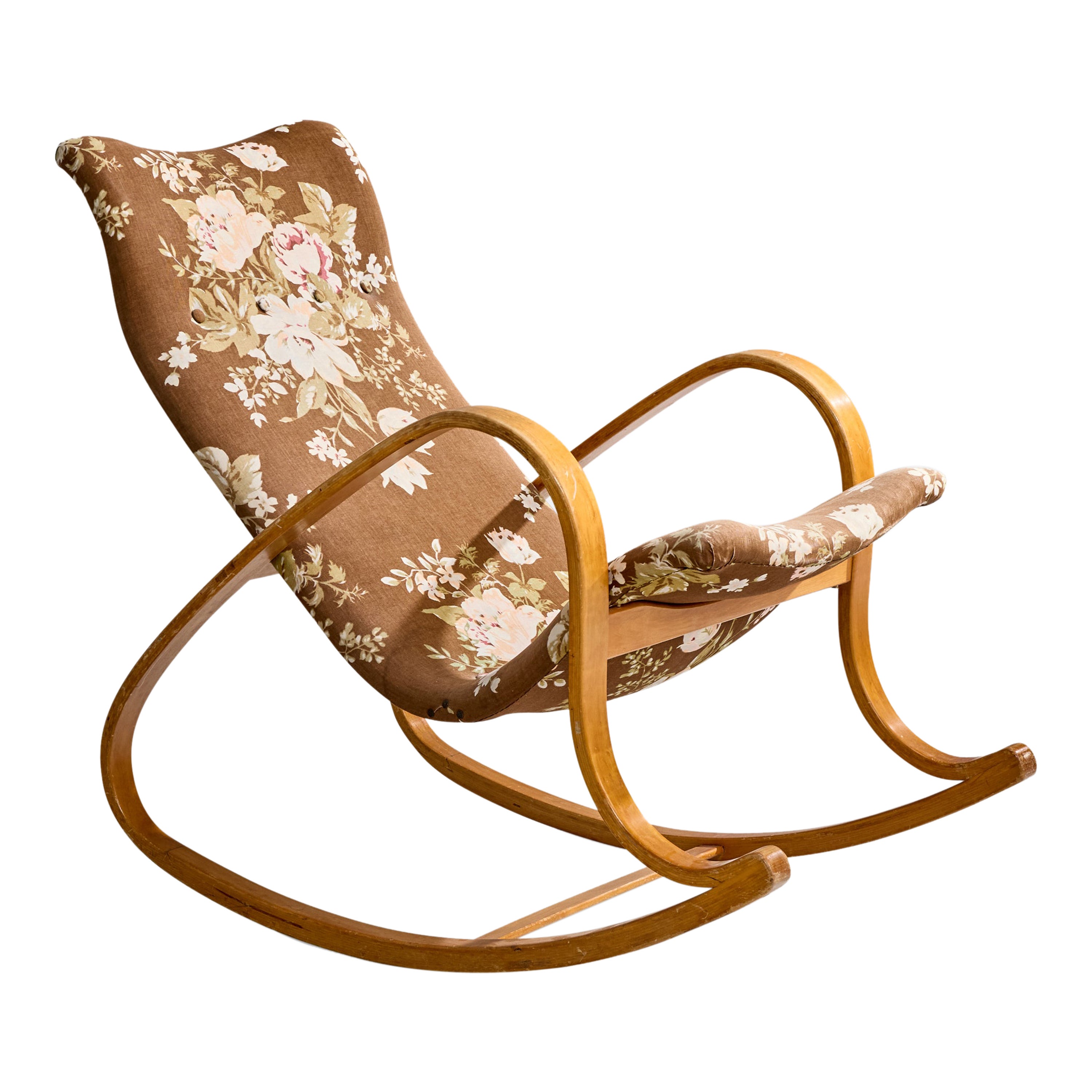 Aattribuée à Gustaf Axel Berg, chaise à bascule, bouleau, tissu, Suède, années 1940