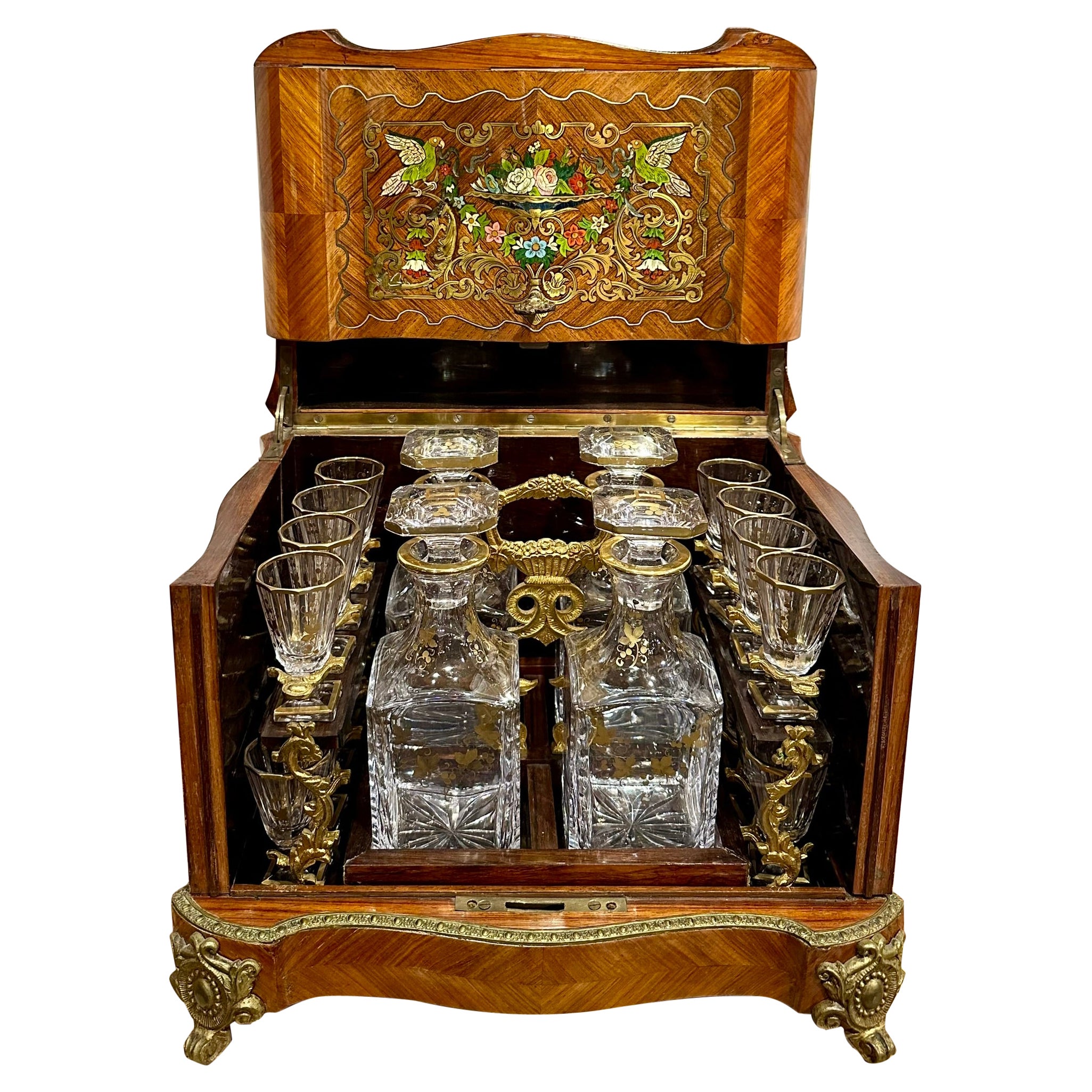 Antique French Inlaid Kingswood, Gold Bronze & Crystal Cave à Liqueur, Ca. 1885