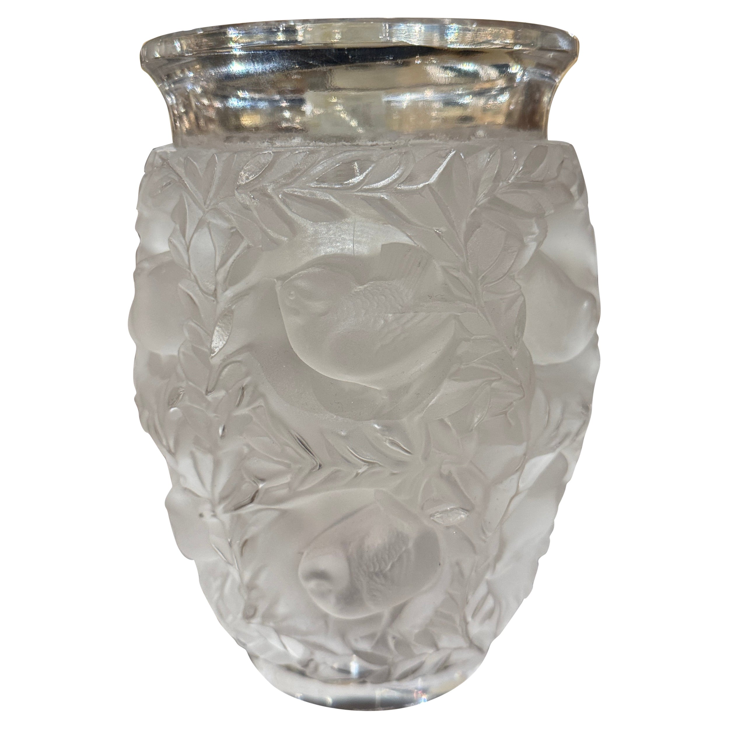 Vintage Frosted Crystal "Bagatelle" Vase with Bird Decor Signed Lalique France