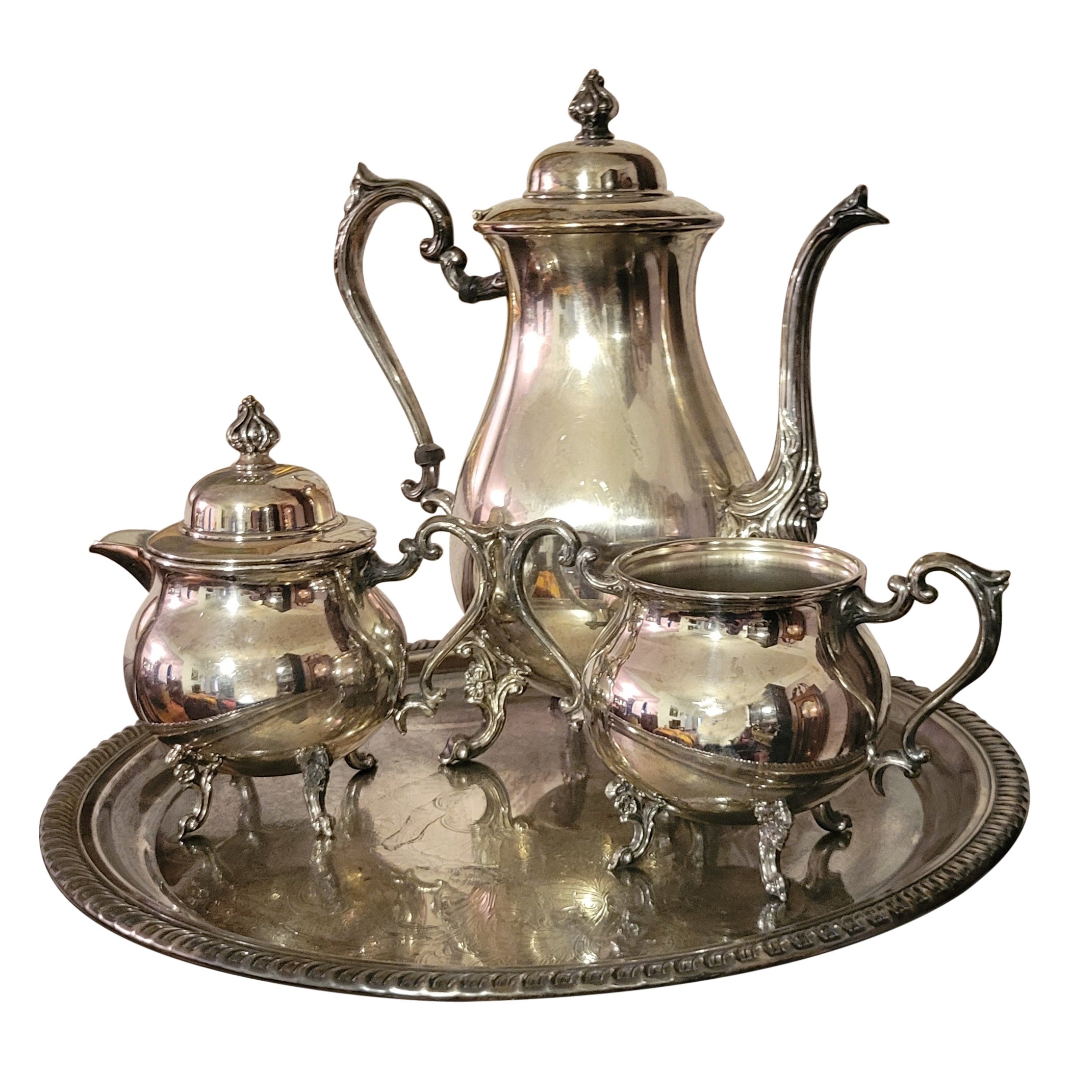 Versilbertes Vintage-Set von Sheridan Silber: Tablett, Kaffeekanne, Milchkännchen, Zucker