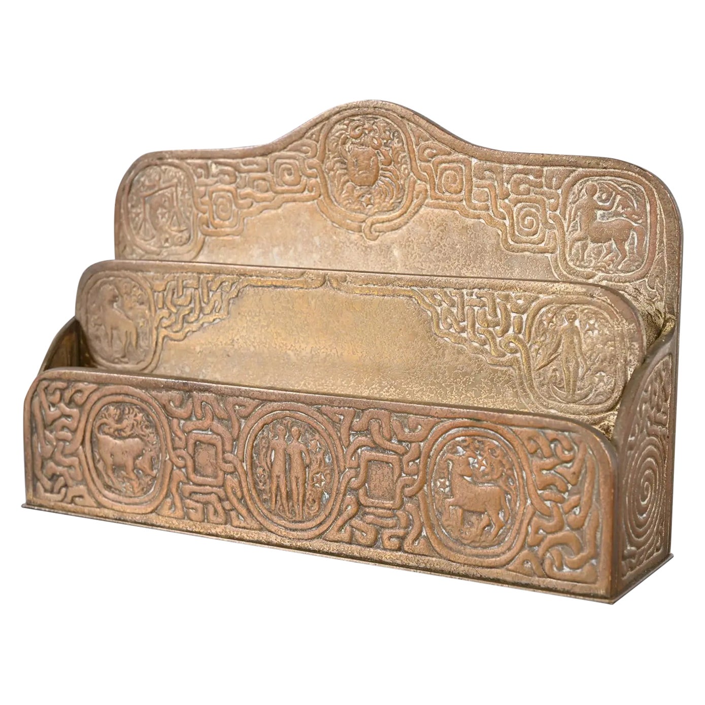 Tiffany Studios New York Zodiac Pattern Bronze Doré Letter Rack