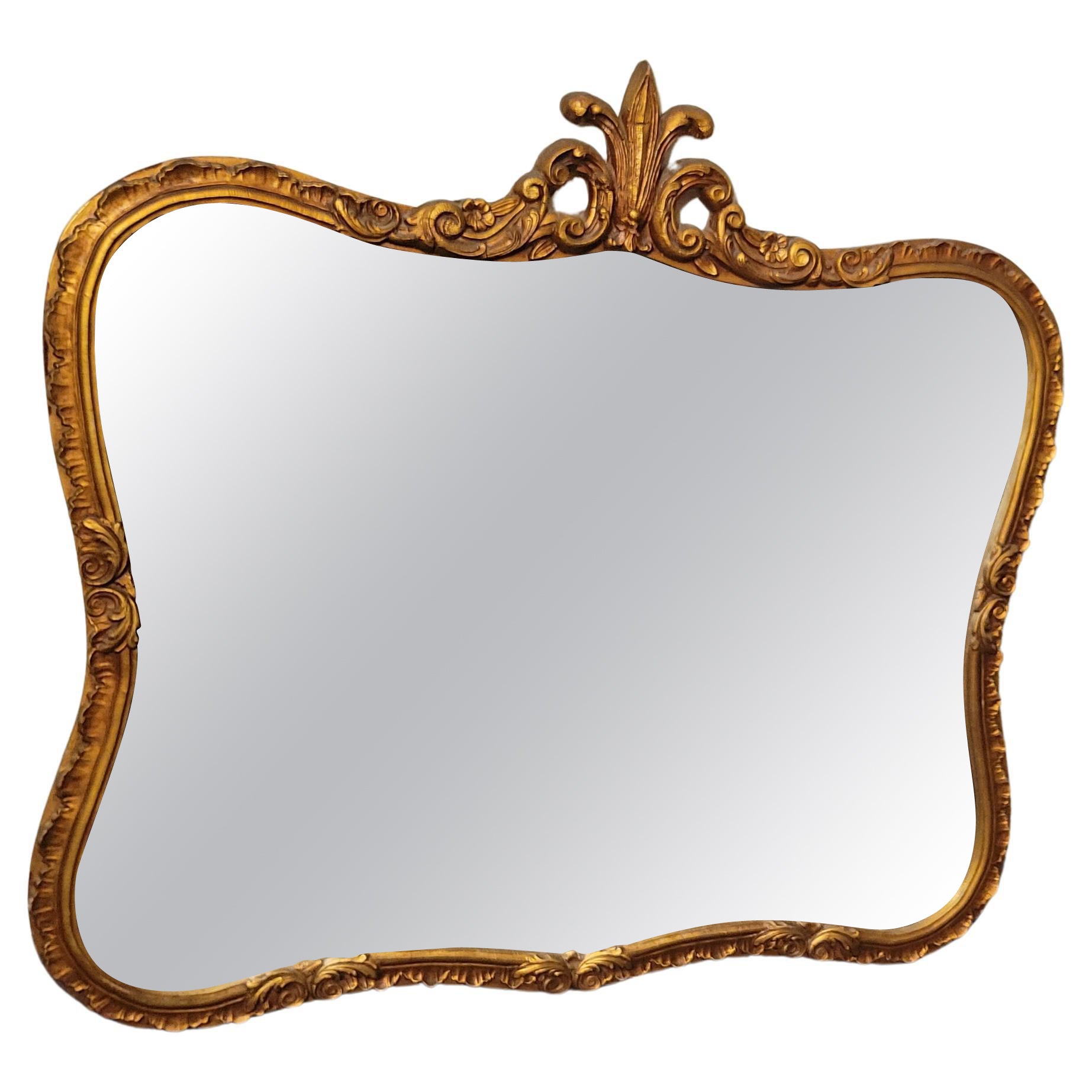Antique French Fleur de Lis Wall Mirror in Carved Wooden Frame