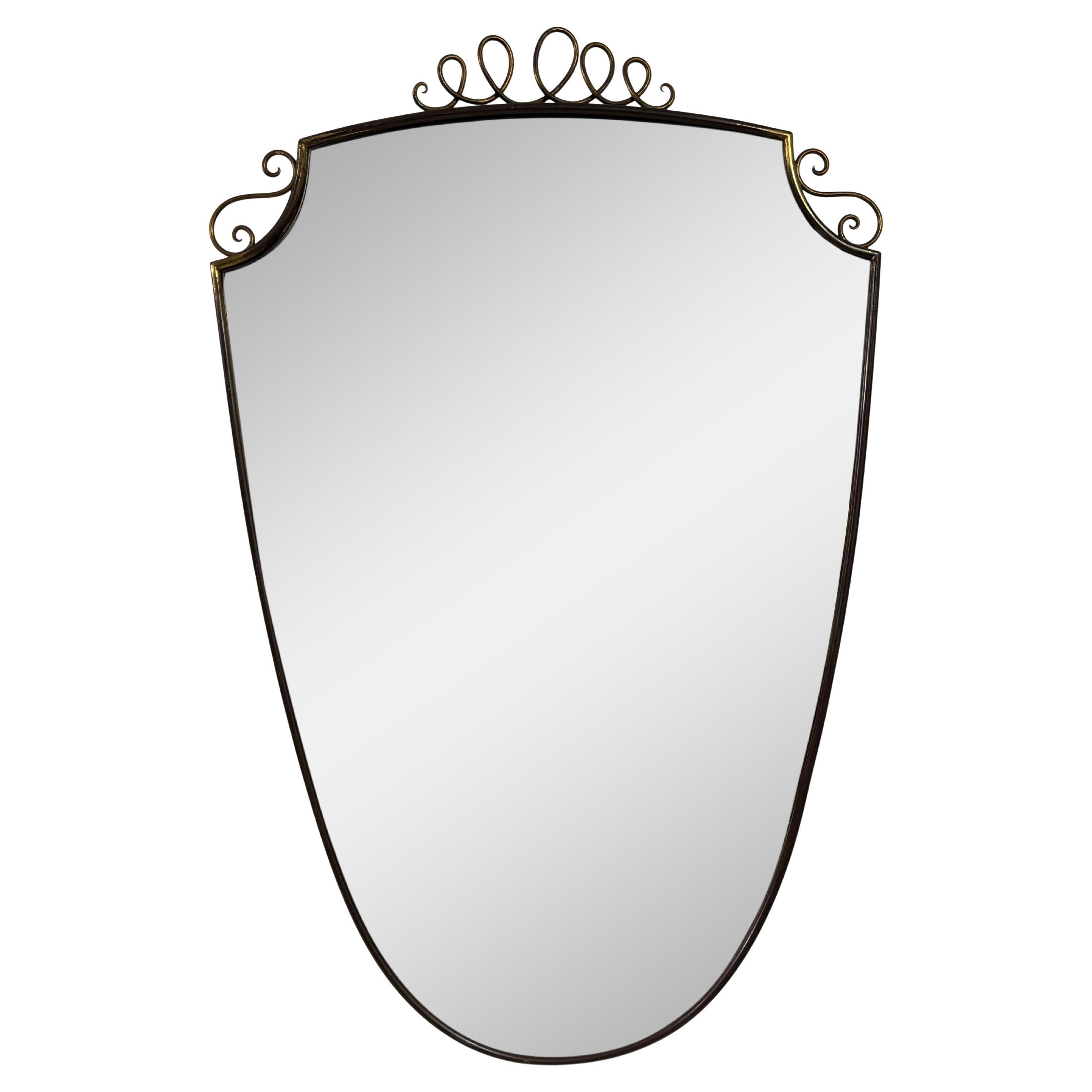 1950s Italian Patinated Brass Mirror with Scroll Detailing