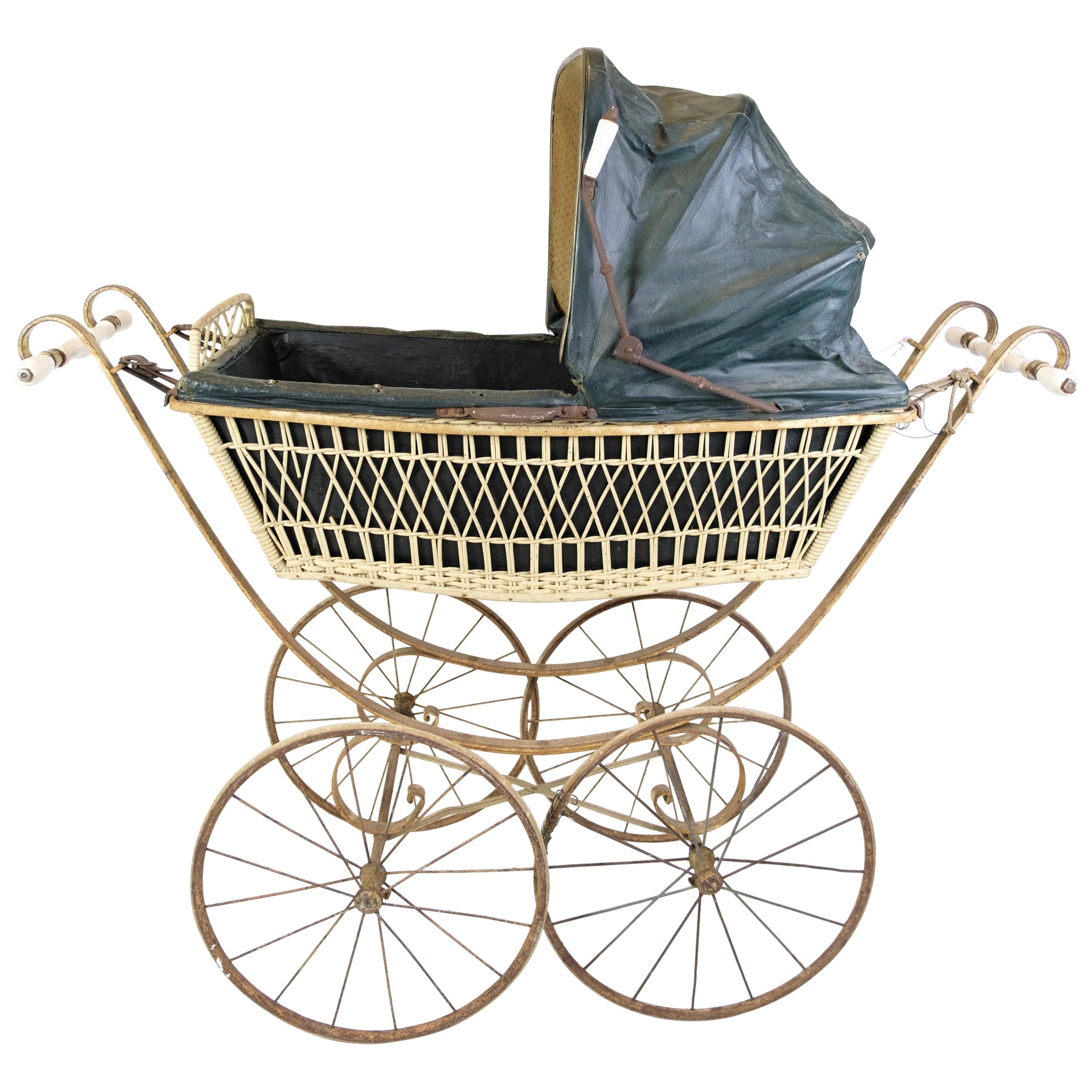 Antique Pram With Wicker Basket & Original Black Canopy From 1900s