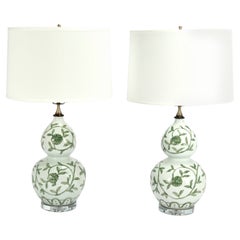 Pair of Chinese Green and White Porcelain Double Gourd Table Lamps
