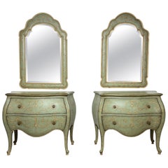Pair of Venetian Style Bombe Chests With Matching Wall Mirrors by Thomasville