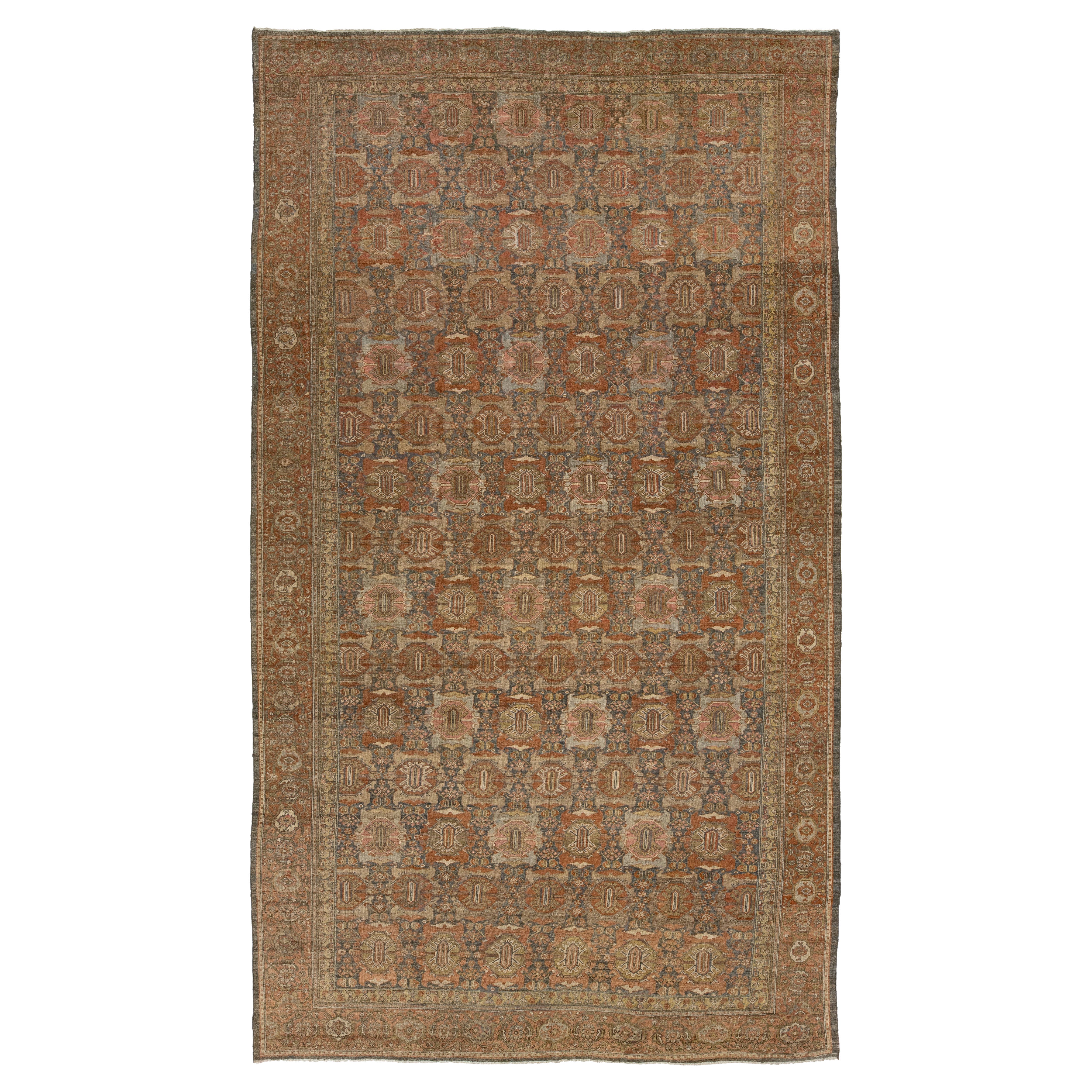 Alfombra Persa Antigua de Lana Malayer con Diseño Floral en Gris y Óxido (Circa 1890s)