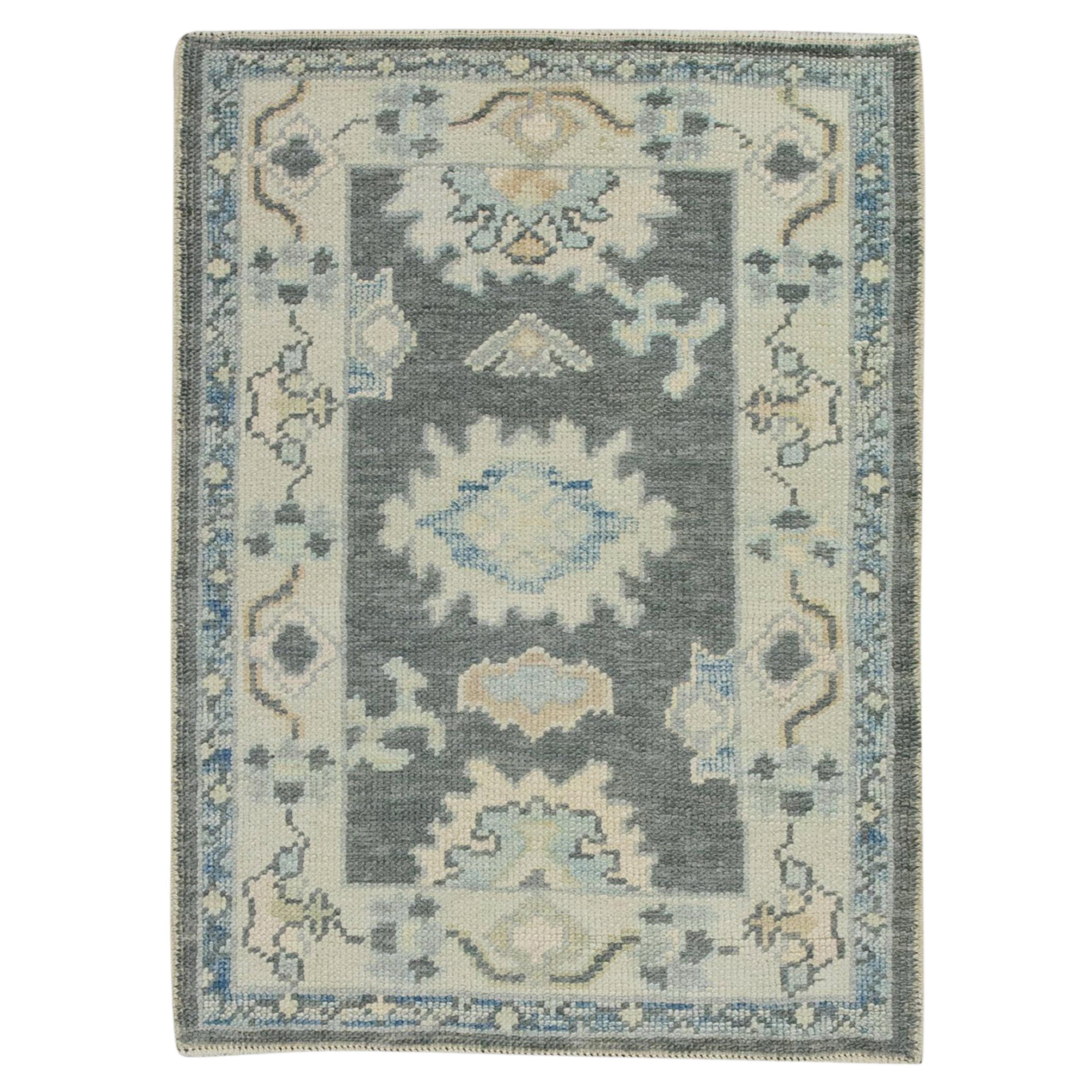 Turkish Oushak Rug Gray Floral Design Handwoven Wool Rug 2'3" x 3'