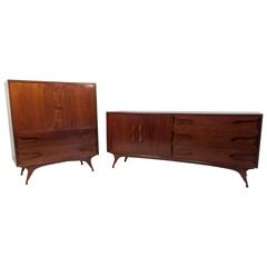 Matching Mid-Century Burl Wood Highboy Dresser and Credenza