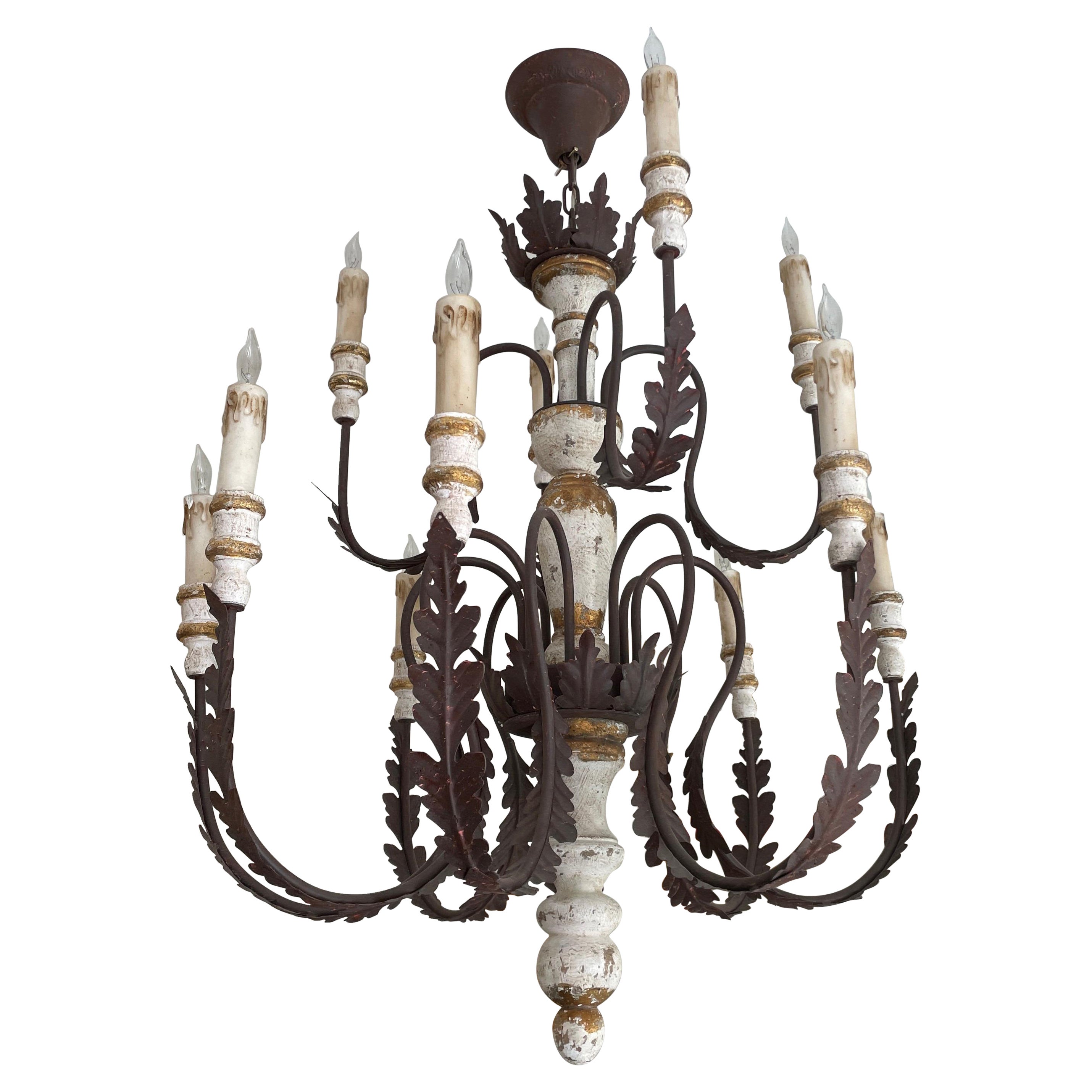 French Provincial  Iron & Painted Carved Wood Twelve Arm Chandelier