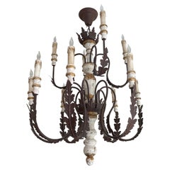 French Provincial  Iron & Painted Carved Wood Twelve Arm Chandelier