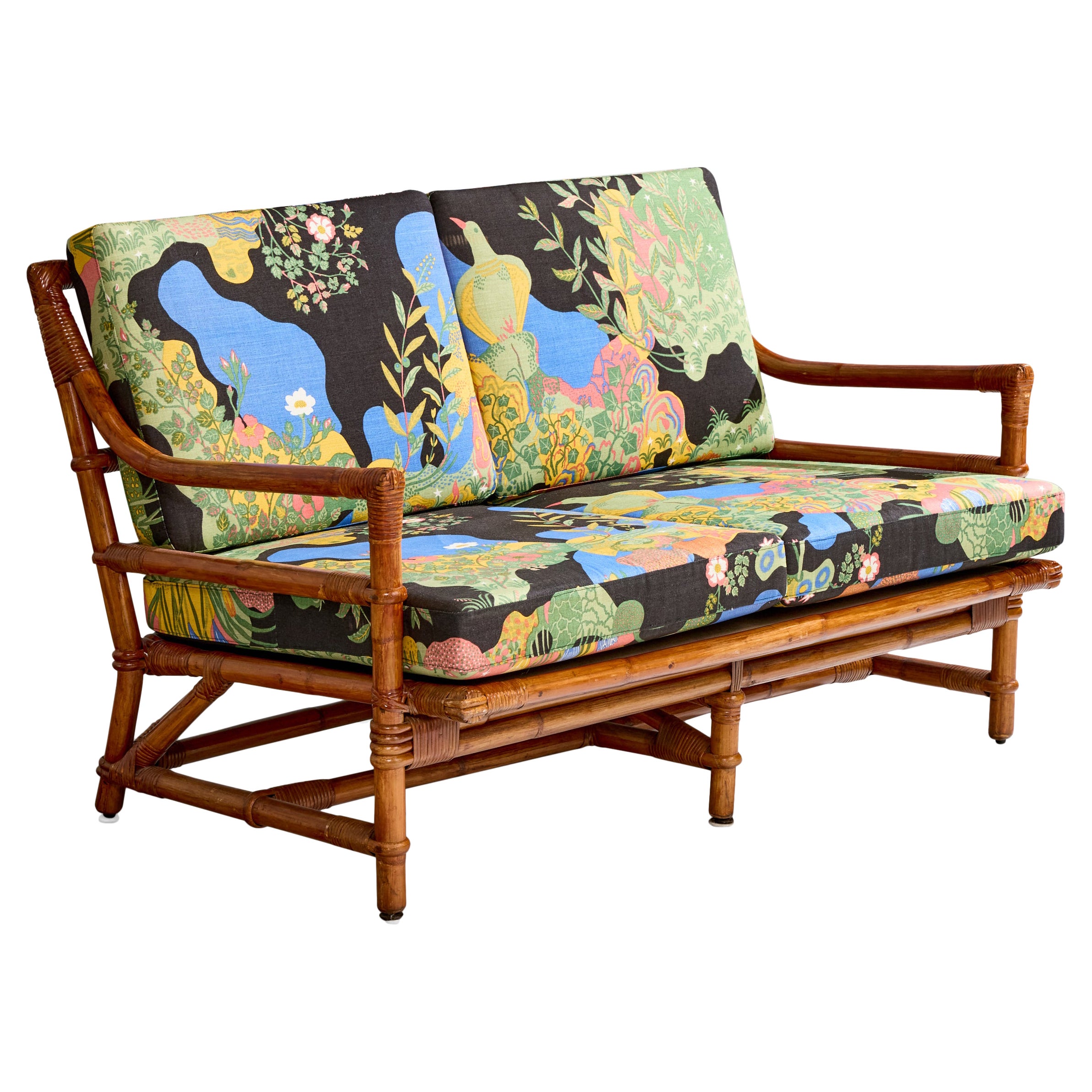 Divano di design svedese, bambù, rattan, tessuto, Svezia, anni '50