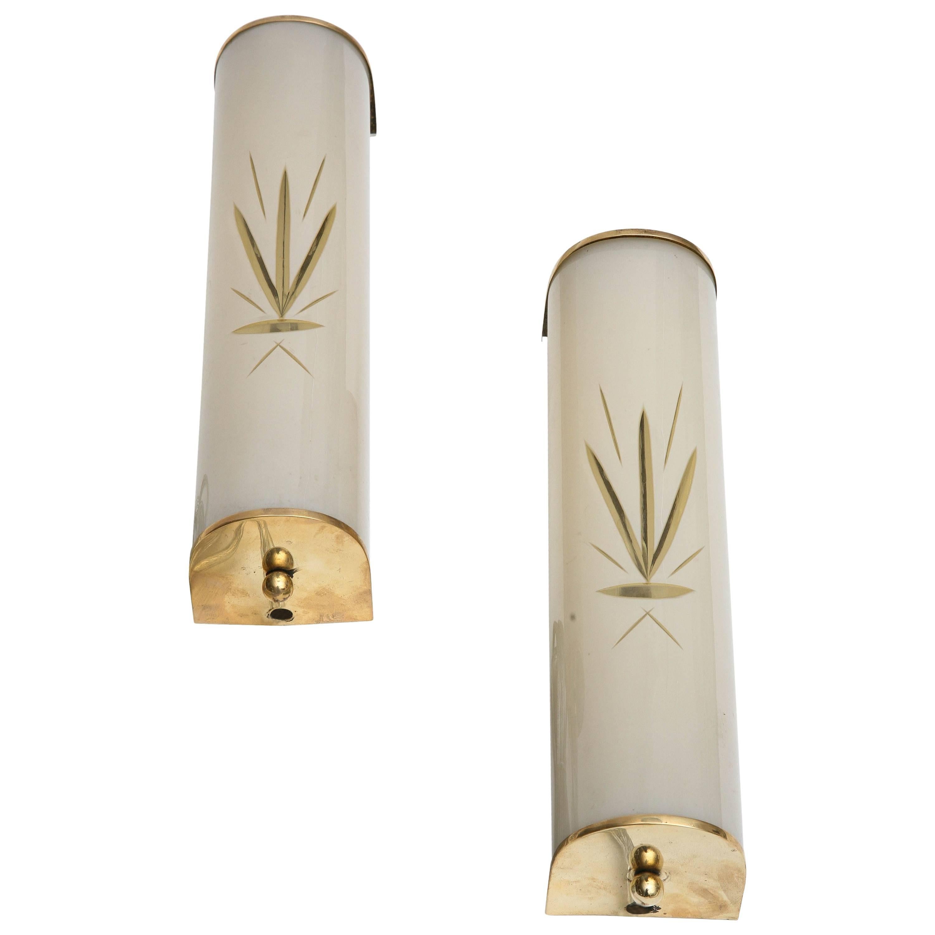 Pair of Brass and Frosted Etched Glass Sconces, Swedish, 1960s