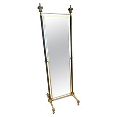 Tall Brass Cheval Mirror On Rolling Stand with Hinges and Decorative Finials