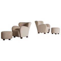 Pair of Lounge Chairs / Armchairs and Ottomans, Upholstered in Ivory Pure Alpaca