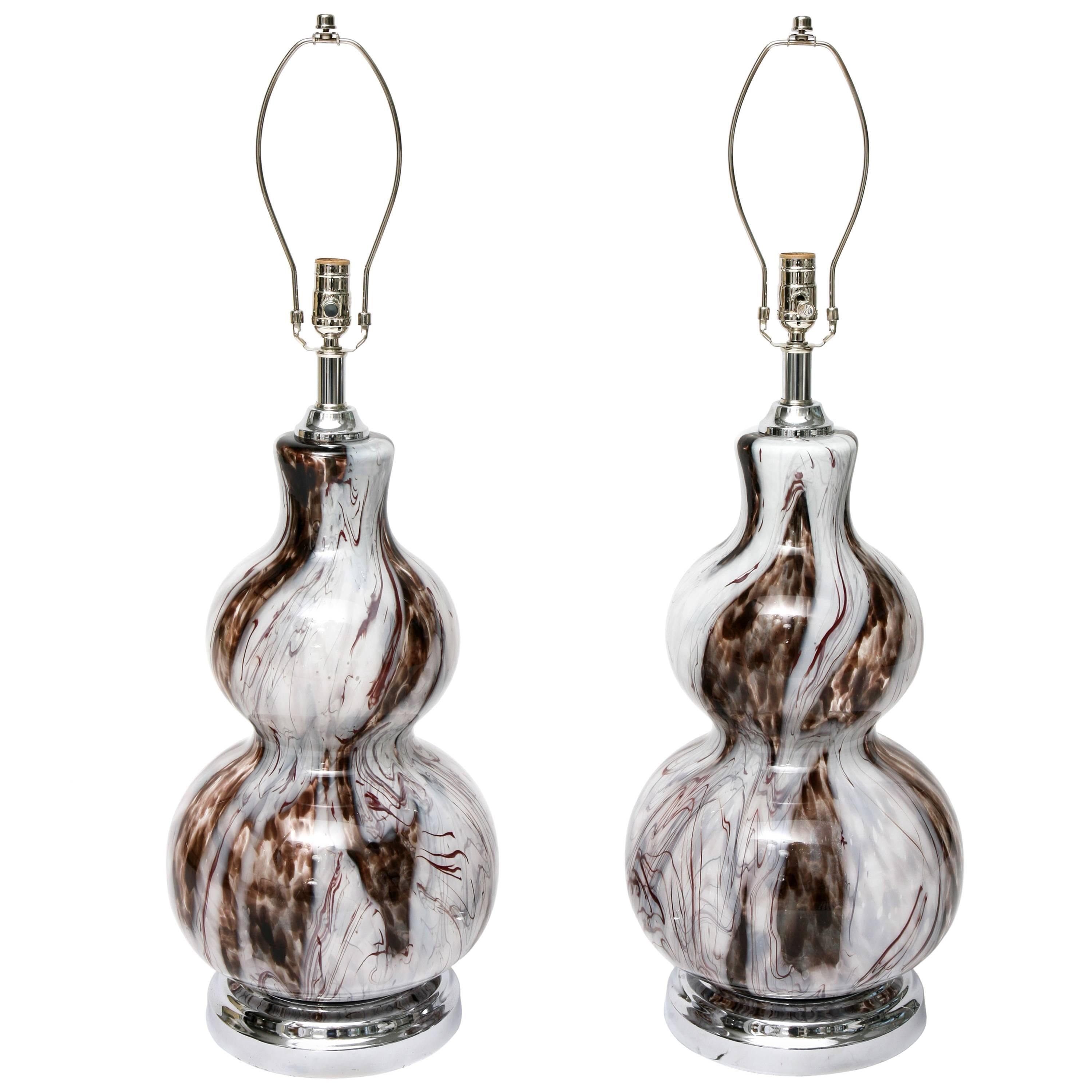  Pair of Murano Lamps, Polished Chrome, Brownish, Clear and White 