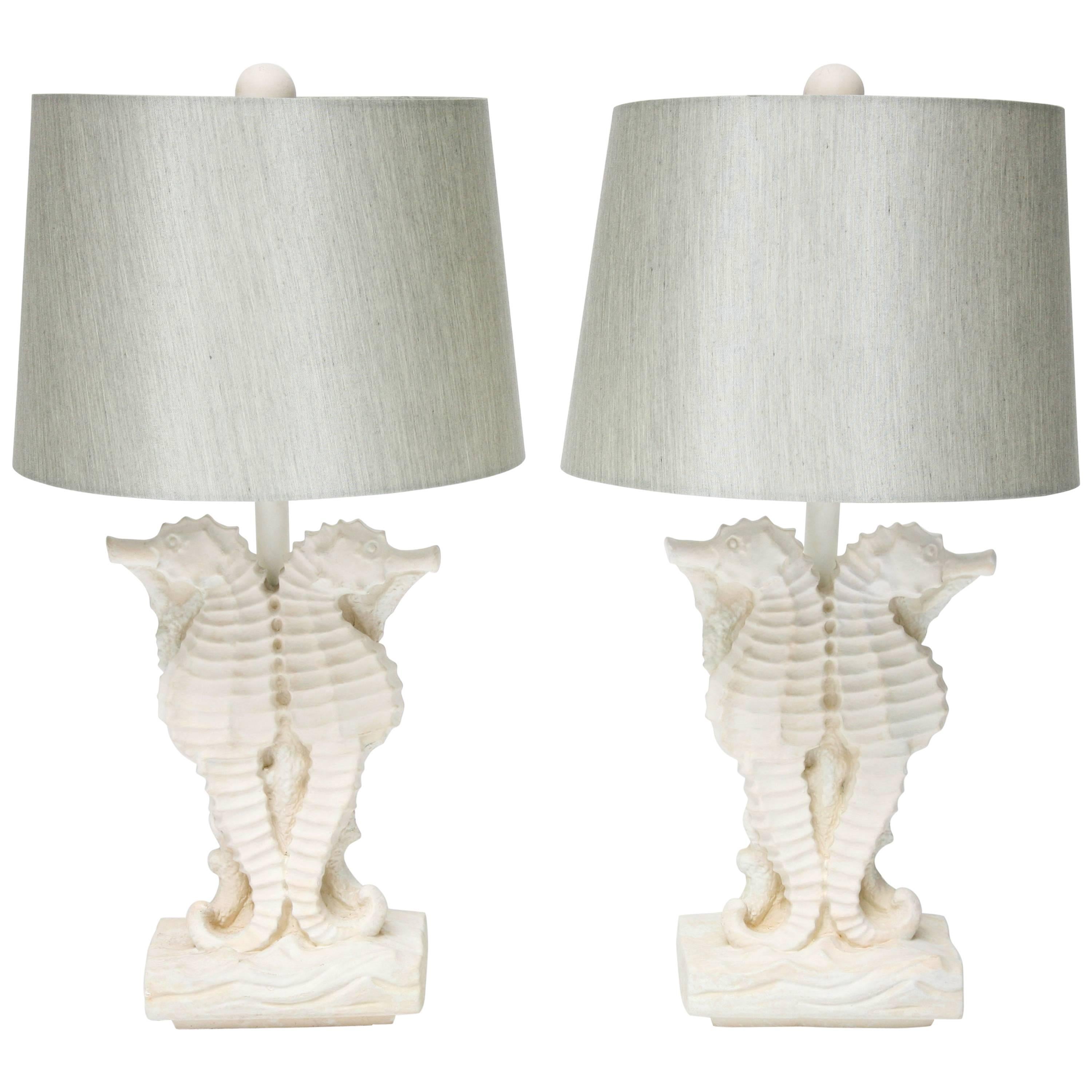 Pair of Hollywood Regency Style, Sea Horse Motif Table Lamps in White Plaster