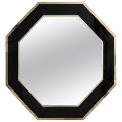 Willy Rizzo Style Octagonal Mirror in Black Lucite and Polished Brass Frame