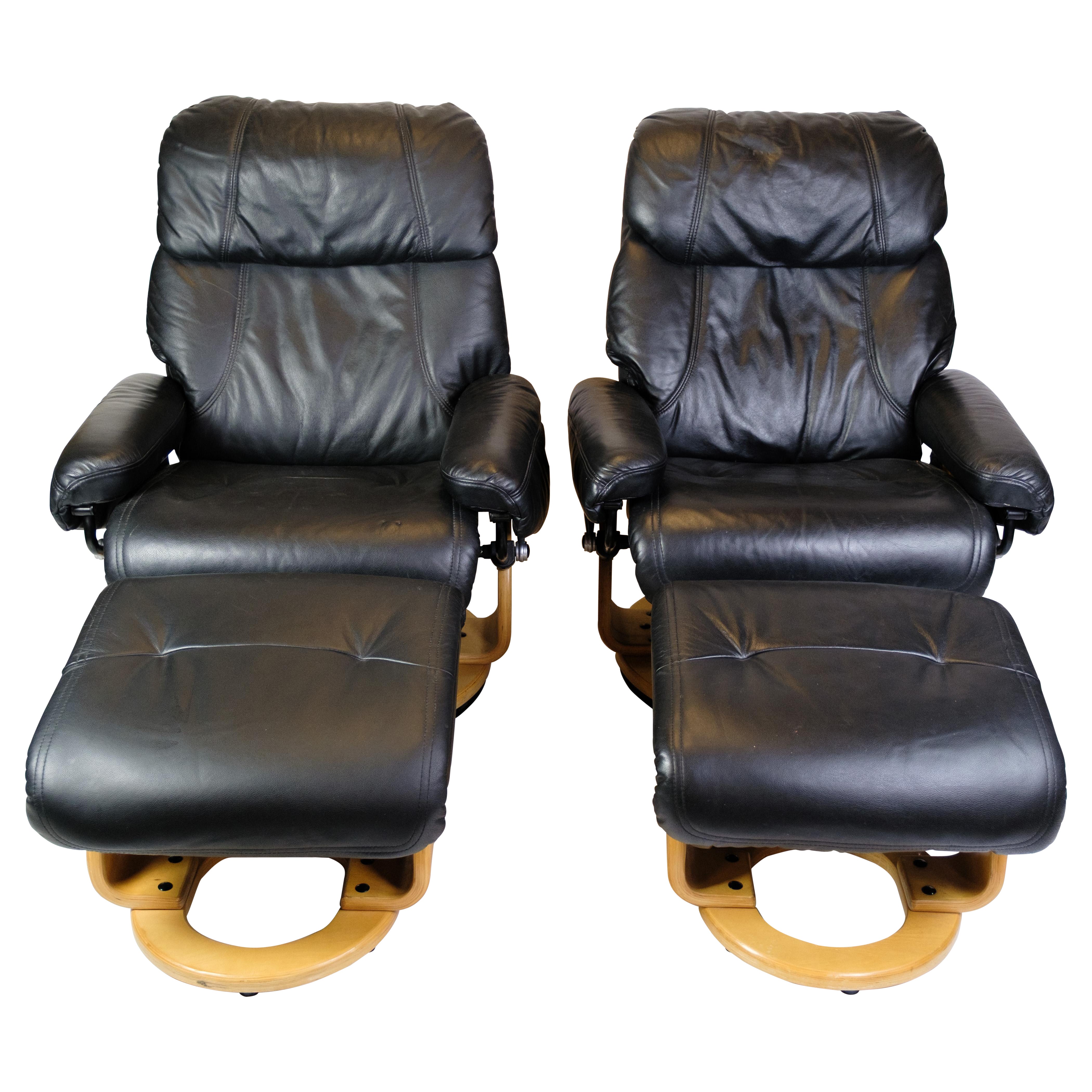 Set Of Two Lounge Chairs With Footstools, Scandinavian Design From 1980s For Sale