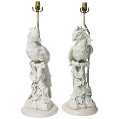 Pair of Large-Scale Hollywood-Regency, Blanc de Chine, Figural-Parrot Lamps