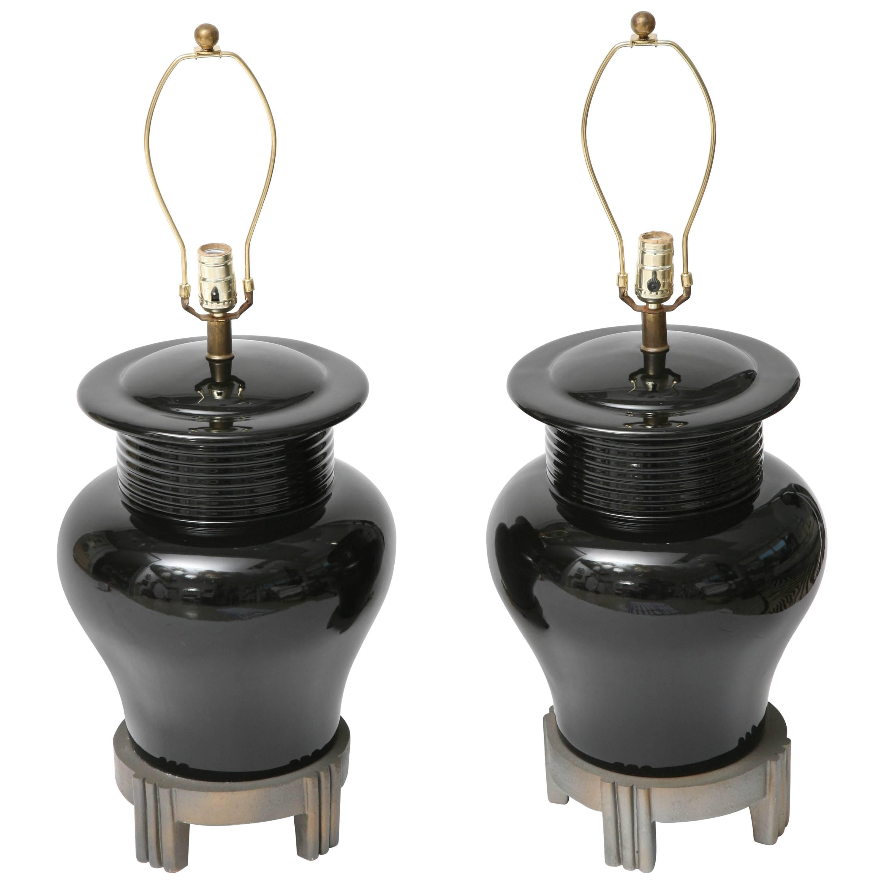 Pair of Art Deco Style, Large-Scale, Black Ceramic Vase Form, Table Lamps For Sale