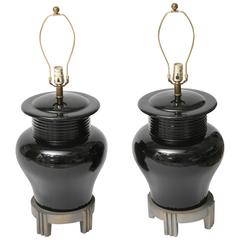 Pair of Art Deco Style, Large-Scale, Black Ceramic Vase Form, Table Lamps 6
