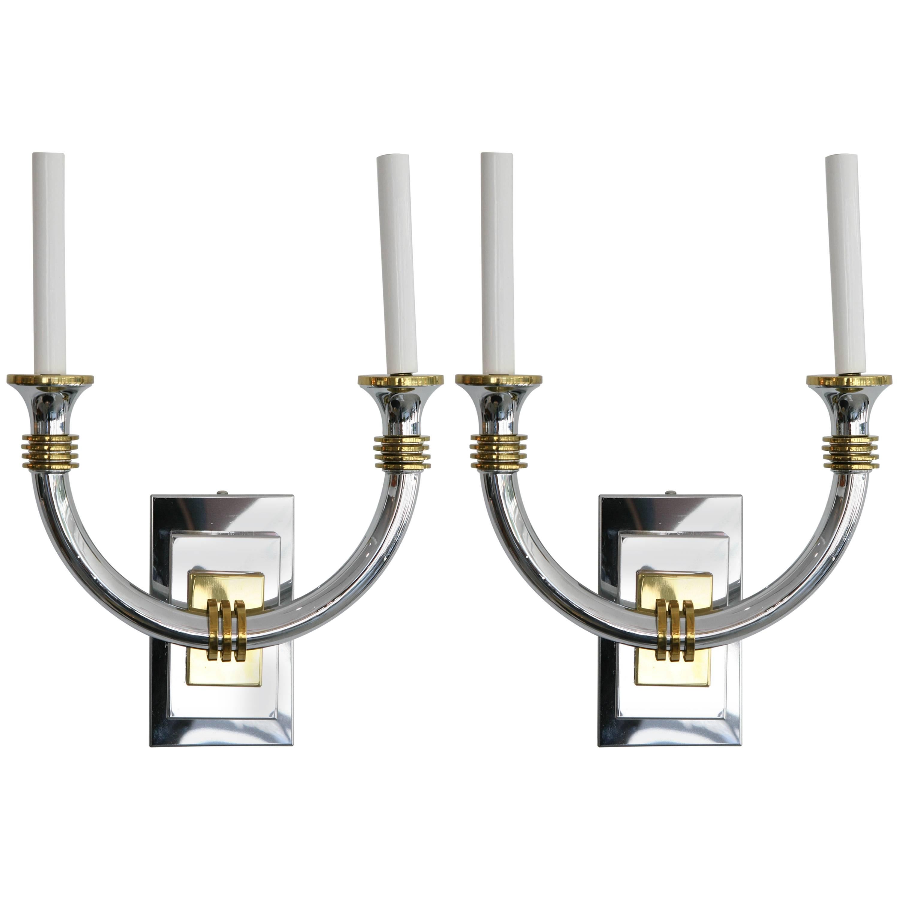 Pair of Art Deco Style Wall Sconces, Polished Brass and Chrome