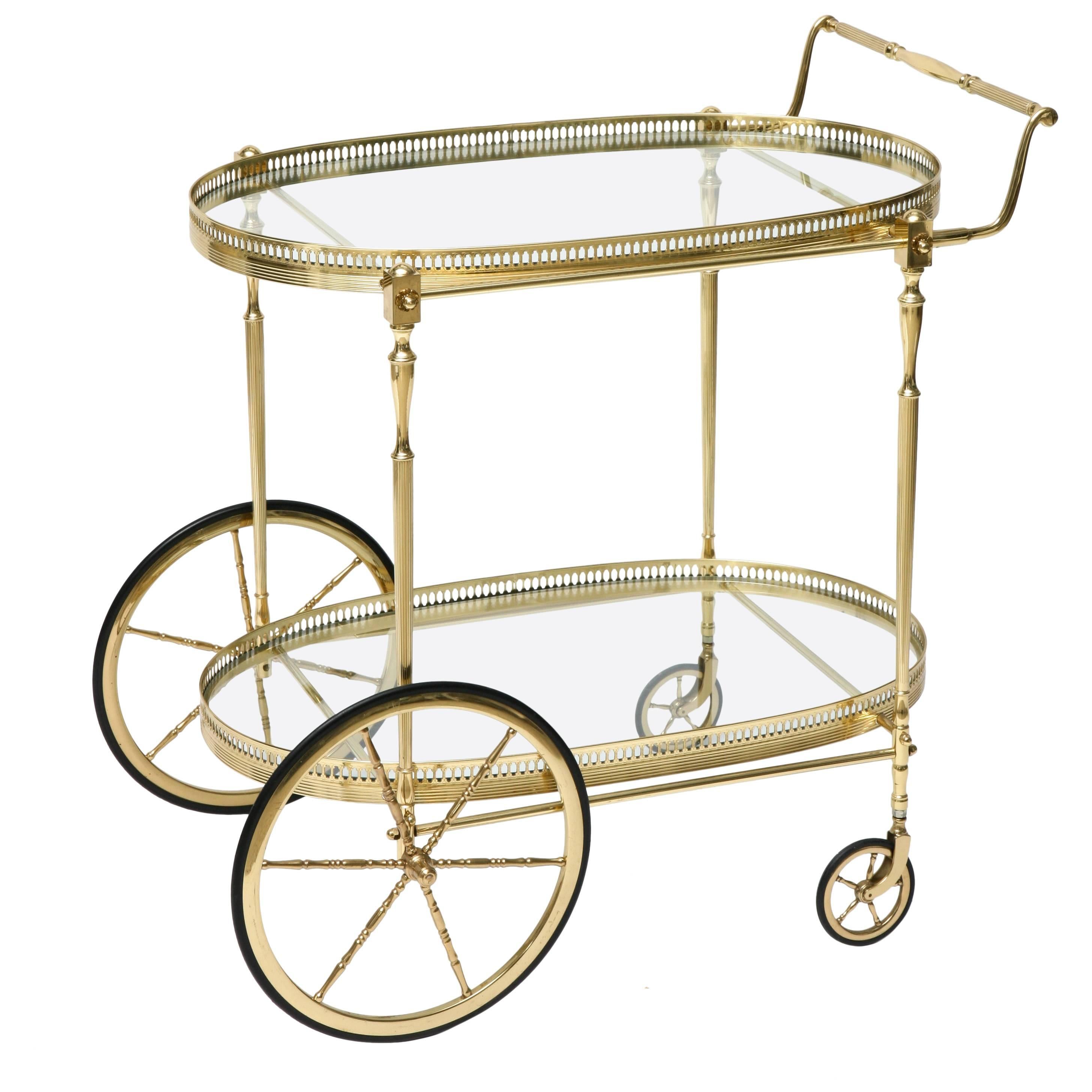 Hollywood-Regency, Maison Jansen Style, Polished Brass and Glass Bar Cart
