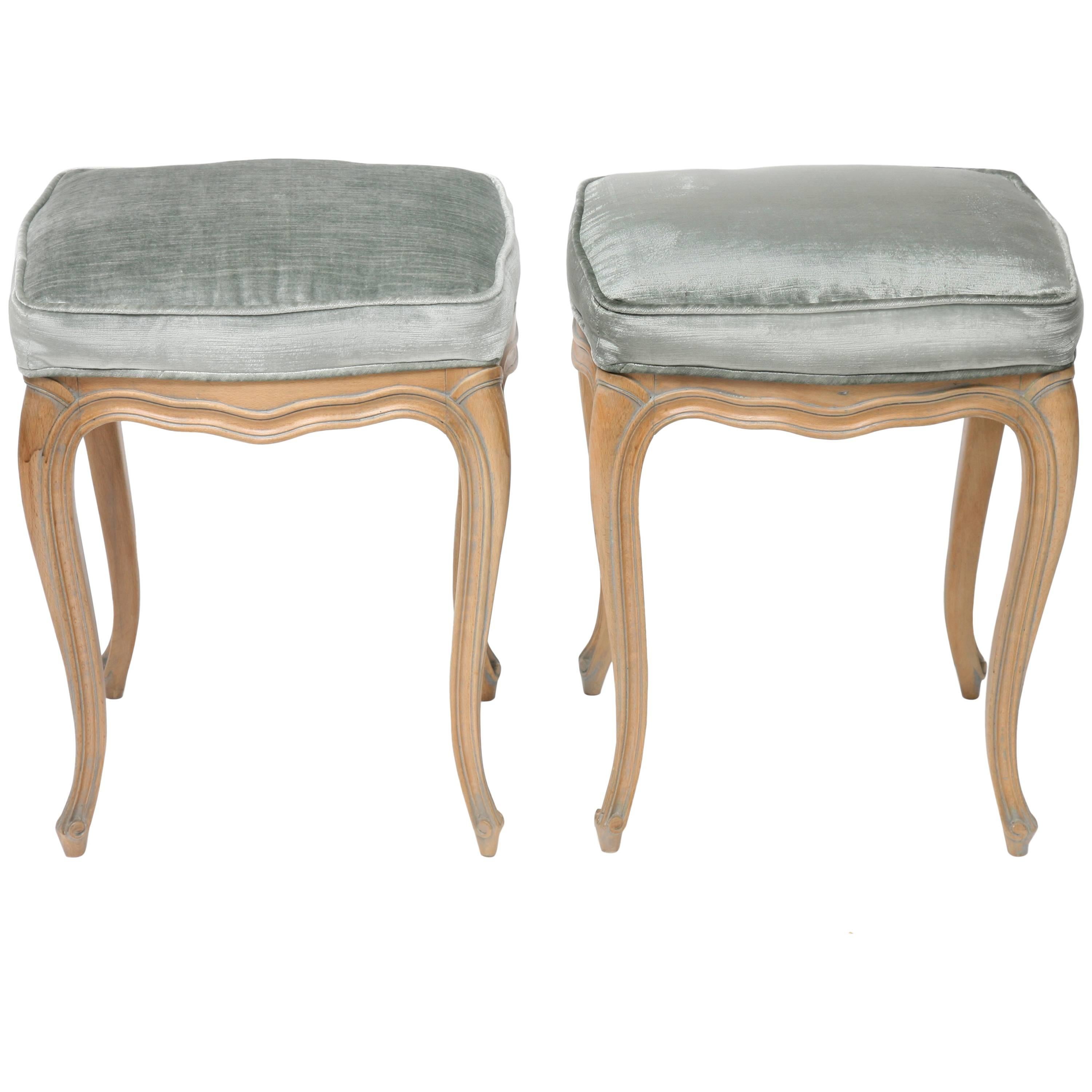 Pair of  Louis XV Style Beechwood Benches/Stools in Blue-Grey Silk Velvet