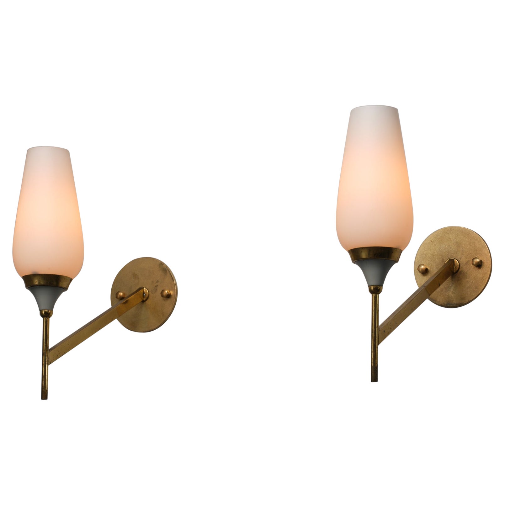 Pair of Italian Wall Sconces in Brass, Lacquered Metal, and Opaline Glass, 1950s