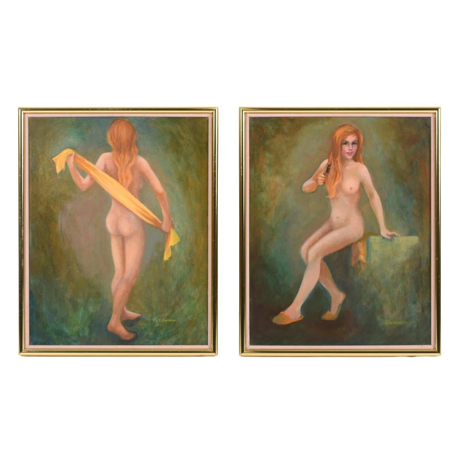 Paar figurale weibliche Aktgemälde im Vintage-Stil in Grün und Gold mit Grün und Gold von J.Z Swanson